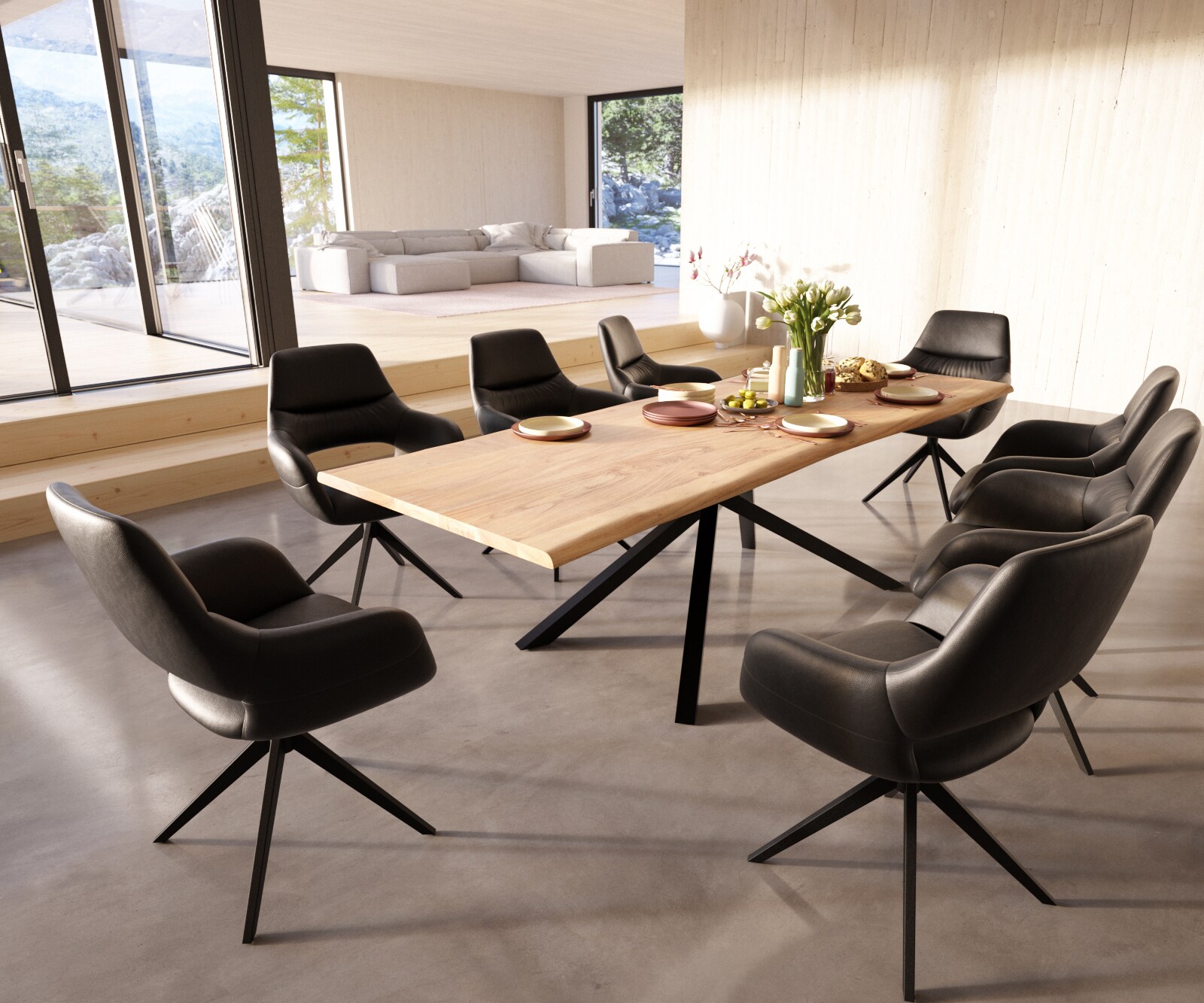 Chaise-de-salle-à-manger Yago-Flex avec accoudoirs cuir de vache noir pied croisé large noir ressorts ensachés 3 Chaise-de-salle-à-manger Yago-Flex avec accoudoirs cuir de vache noir pied croisé large noir ressorts ensachés 3