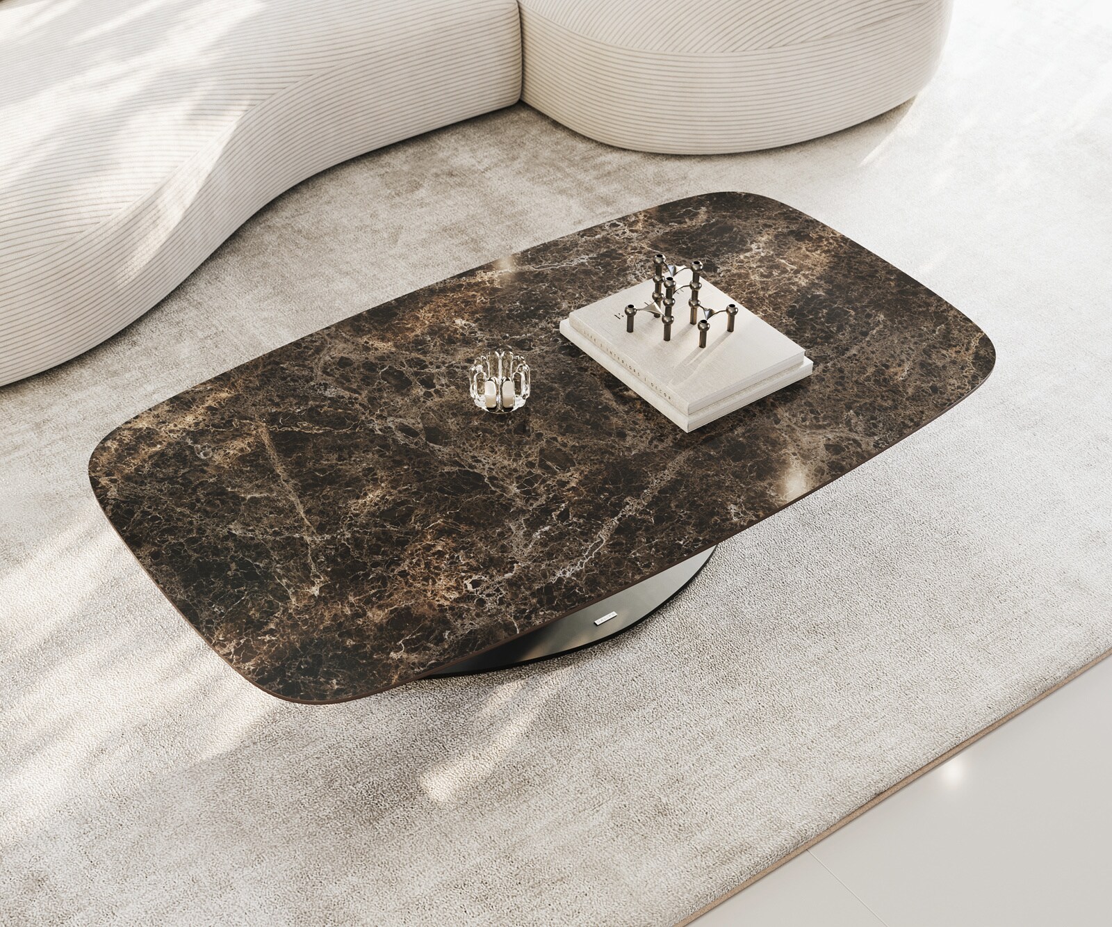 Table basse Edge bateau 140x80 cm céramique Emperador Extra Lucidato brun foncé Vibany métal noir 3