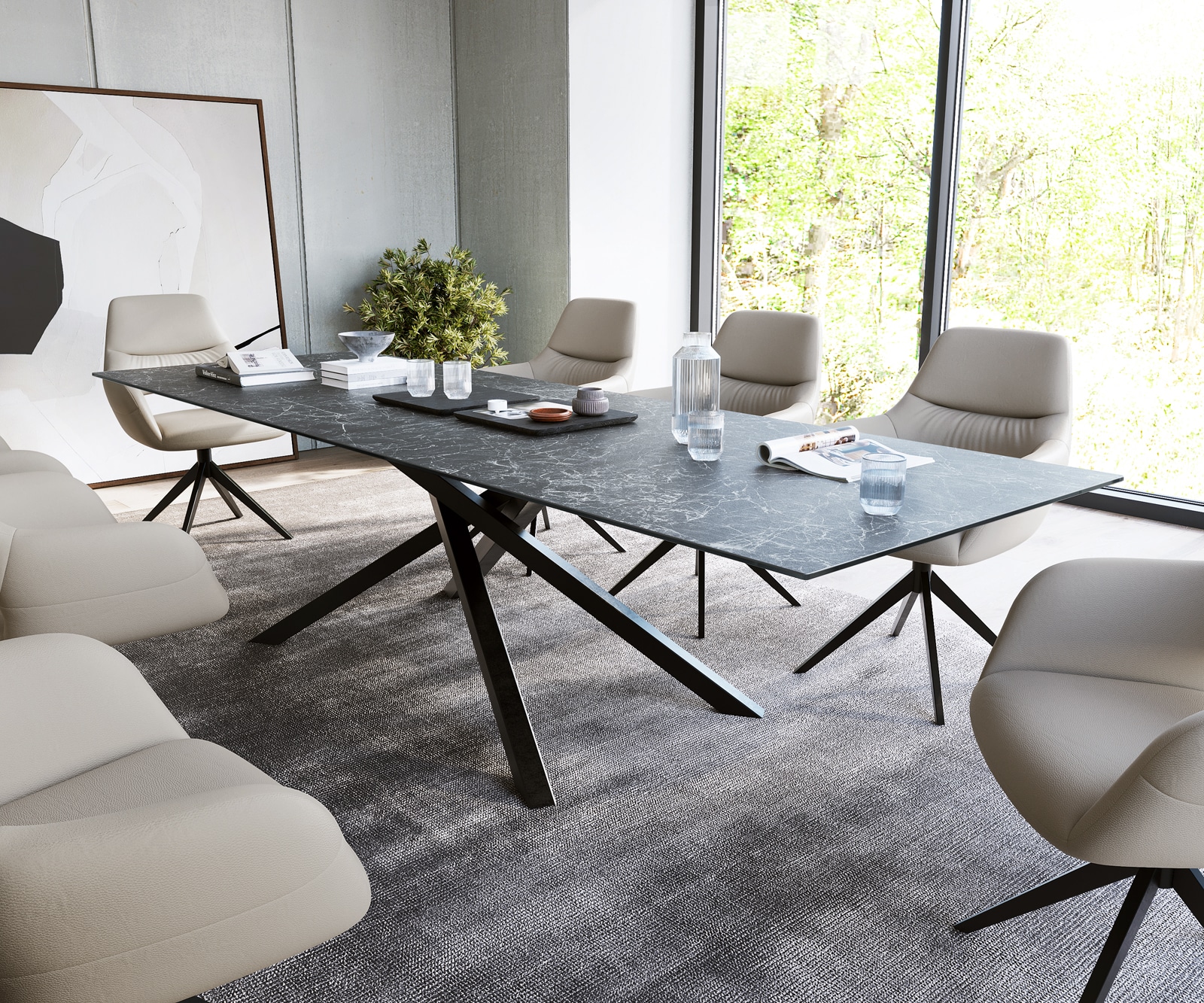 Table-à-manger Edge 300x100cm Laminam® céramique gris pieds milieu croisé noir Table-à-manger Edge 300x100cm Laminam® céramique gris pieds milieu croisé noir