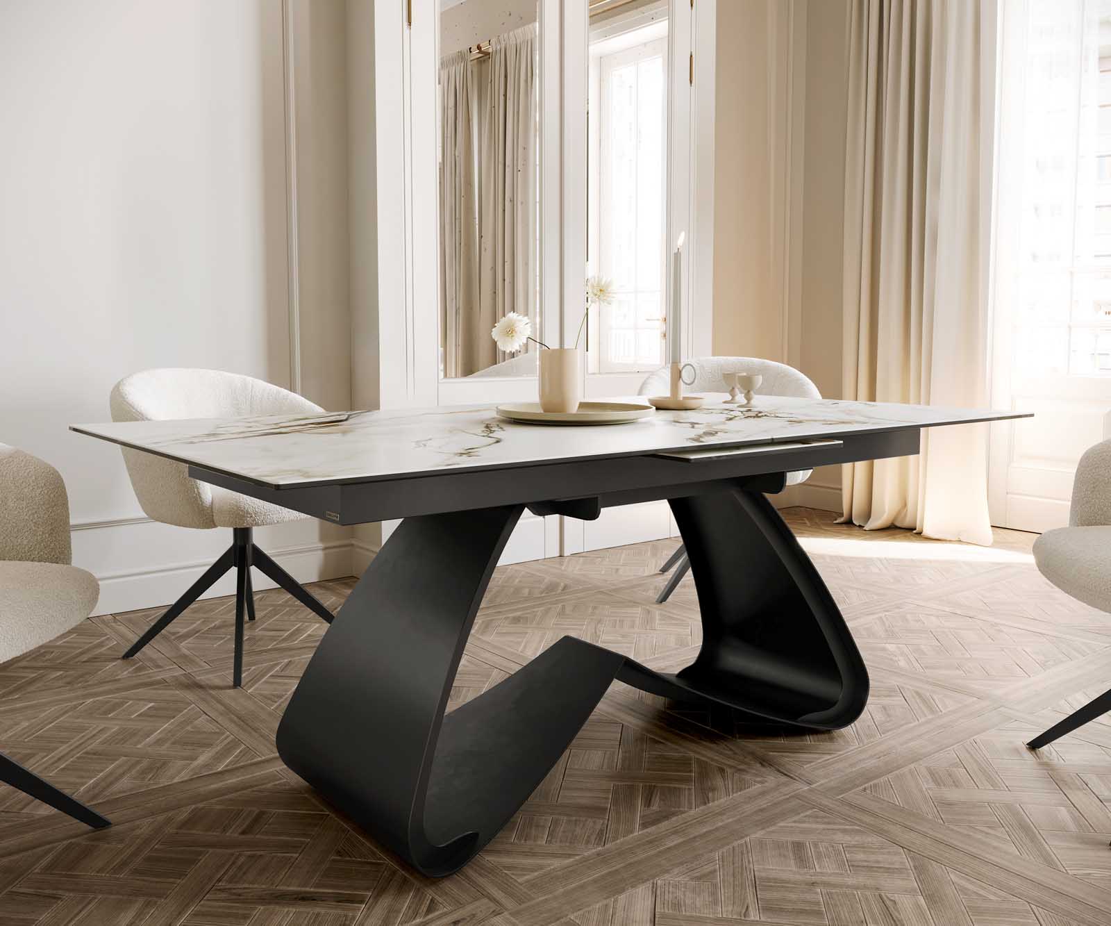 Table à manger Edge 180-220x100 céramique Calacatta Luxe blanc-doré-gris cadre en W noir extensible 6