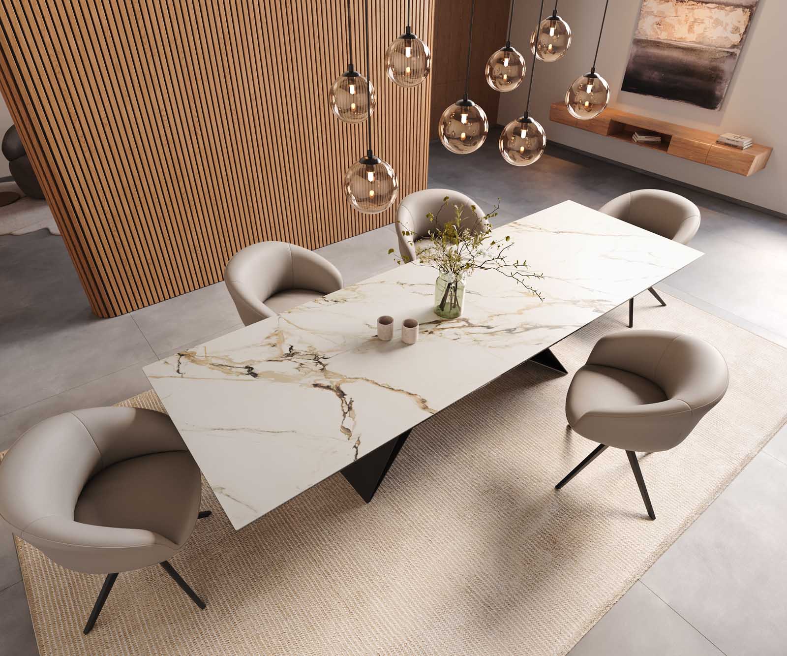 Table à manger Edge 300x100 céramique Calacatta Luxe blanc-doré-gris cadre en V acier plat noir 6