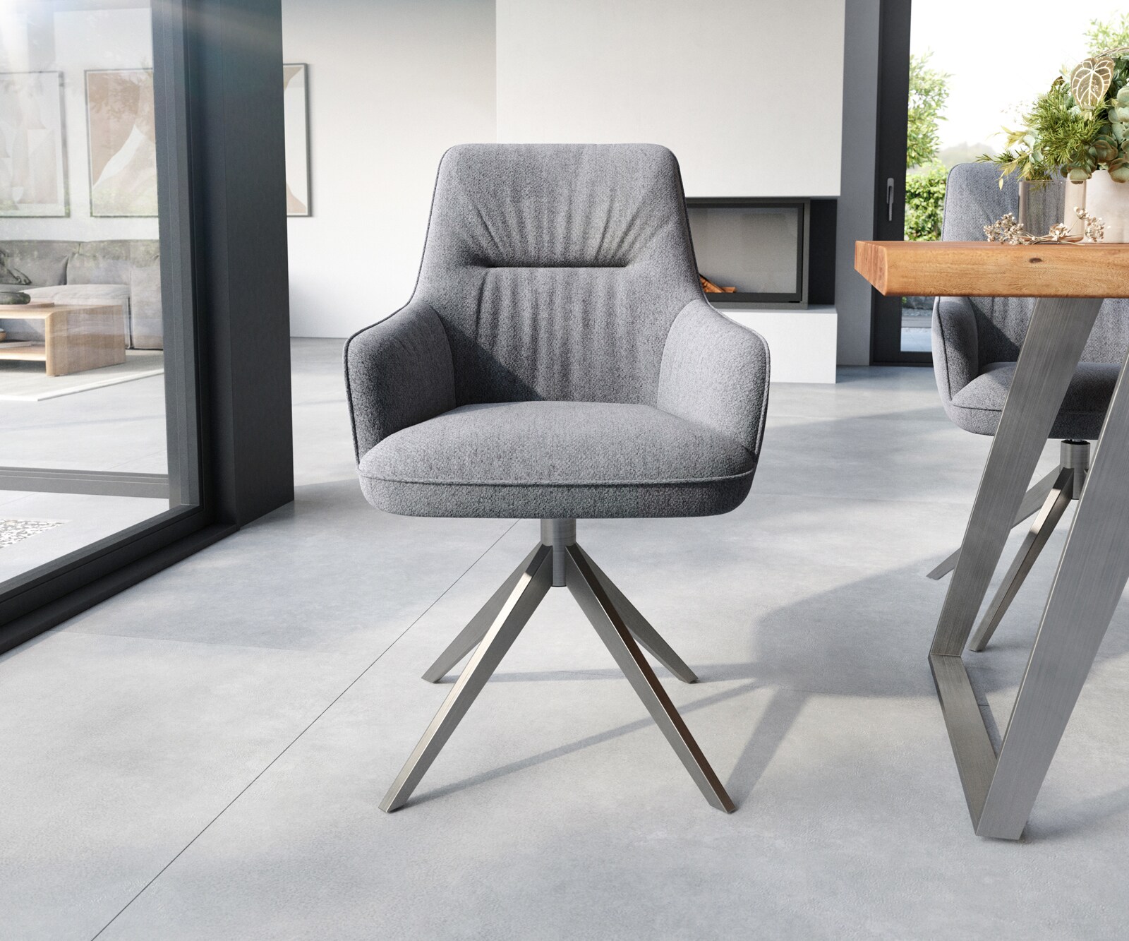 Chaise-de-salle-à-manger Zelia-Flex avec accoudoirs tissu texturé gris clair pied croisé large acier inoxydable brossé ressorts ensachés 1 Chaise-de-salle-à-manger Zelia-Flex avec accoudoirs tissu texturé gris clair pied croisé large acier inoxydable brossé ressorts ensachés 1