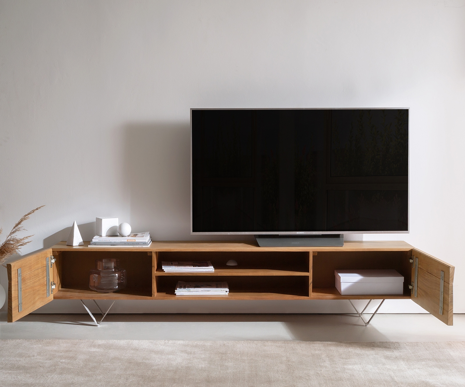 Meuble-TV Kayu 200 cm acacia naturel 2 portes pied en V 3 Meuble-TV Kayu 200 cm acacia naturel 2 portes pied en V 3