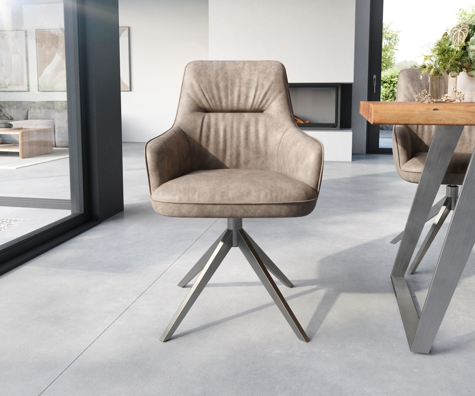 Chaise-de-salle-à-manger Zelia-Flex avec accoudoirs microvelours taupe vintage pied croisé large acier inoxydable brossé ressorts ensachés 1 Chaise-de-salle-à-manger Zelia-Flex avec accoudoirs microvelours taupe vintage pied croisé large acier inoxydable brossé ressorts ensachés 1