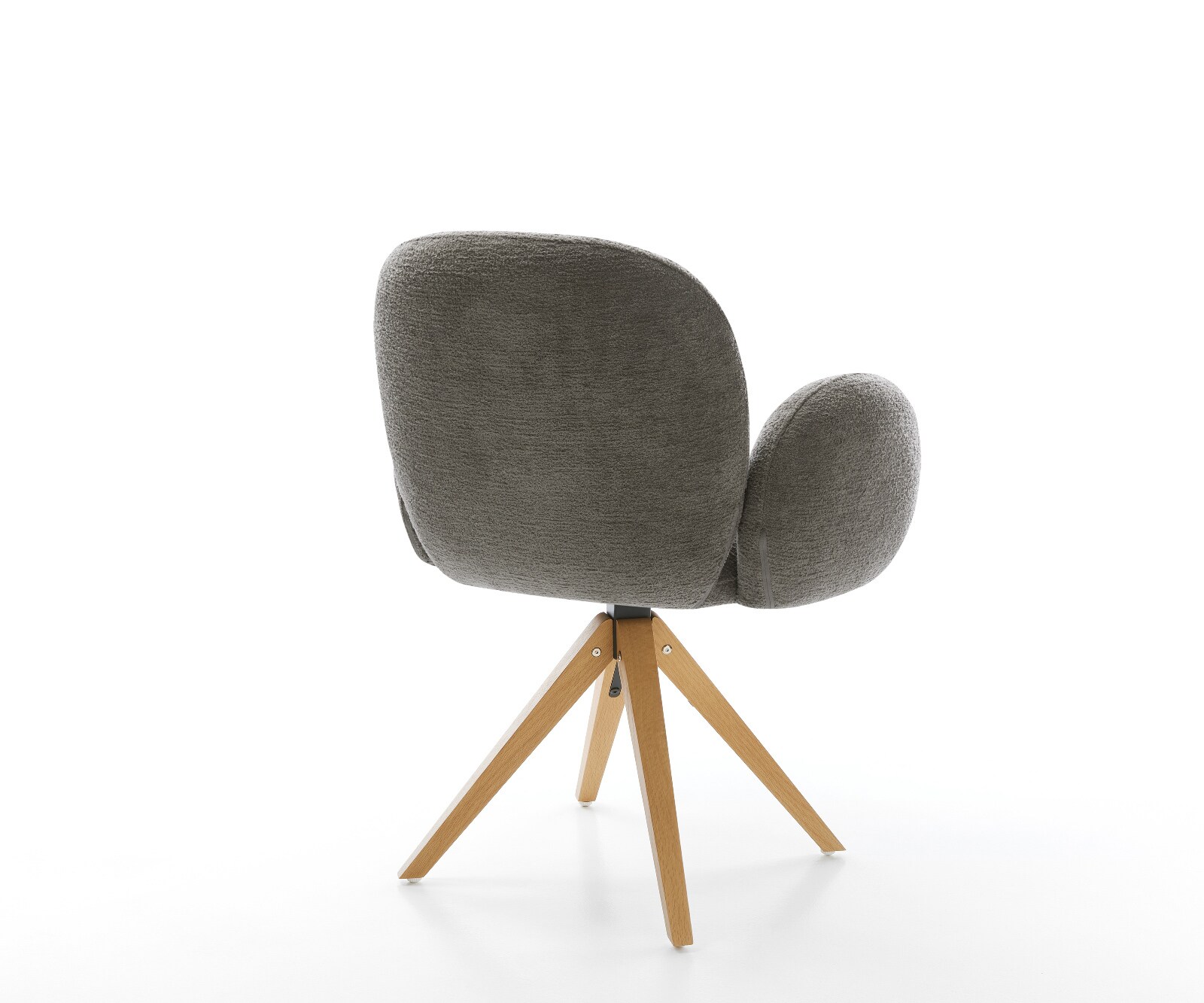 Chaise-pivotante Nube-Flex avec accoudoirs bouclé doux couleur boue pied en bois angulaire naturel pivotement sur 180° resorts ensachés 4