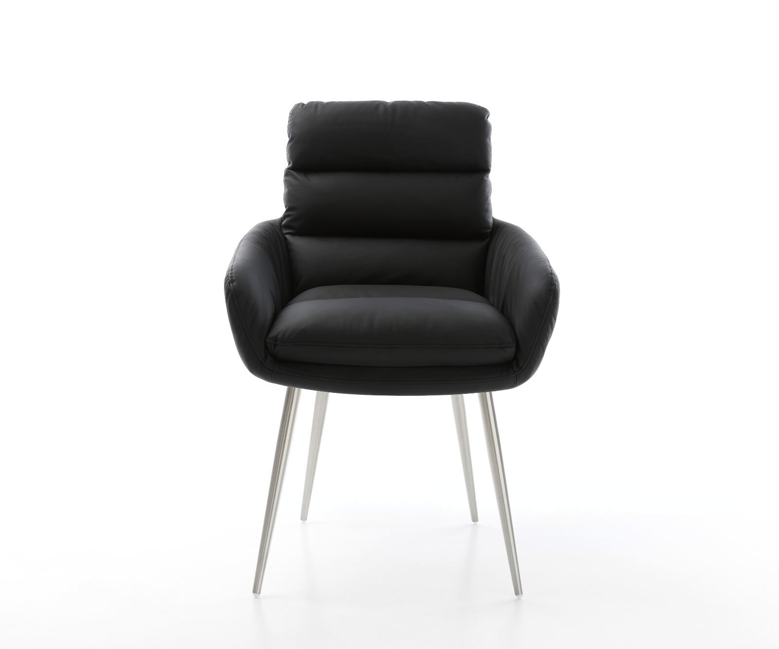 Chaise-de-salle-à-manger Abelia-Flex avec accoudoirs cuir de vache noir 4 pieds coniques acier inoxydable brossé 1 Chaise-de-salle-à-manger Abelia-Flex avec accoudoirs cuir de vache noir 4 pieds coniques acier inoxydable brossé 1