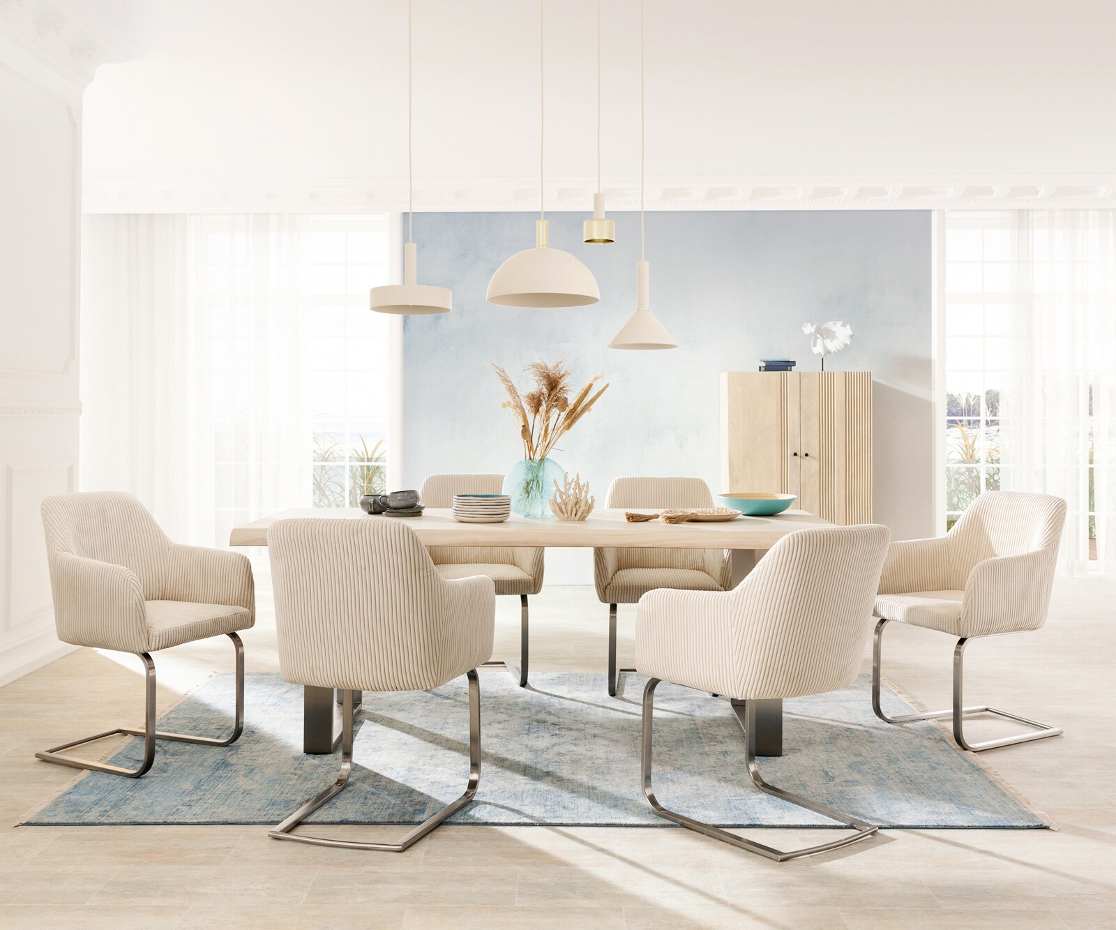 Cantilever Greg-Flex côtelé beige vintage pied cantilever plat acier inoxydable brossé ressorts ensachés 3