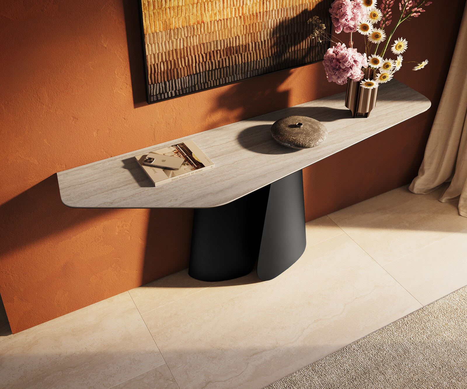 Console Edge Polygonal 180x50 cm Céramique Laminam® Travertino Bianco Creme-Weiß Livos Métal Noir 4