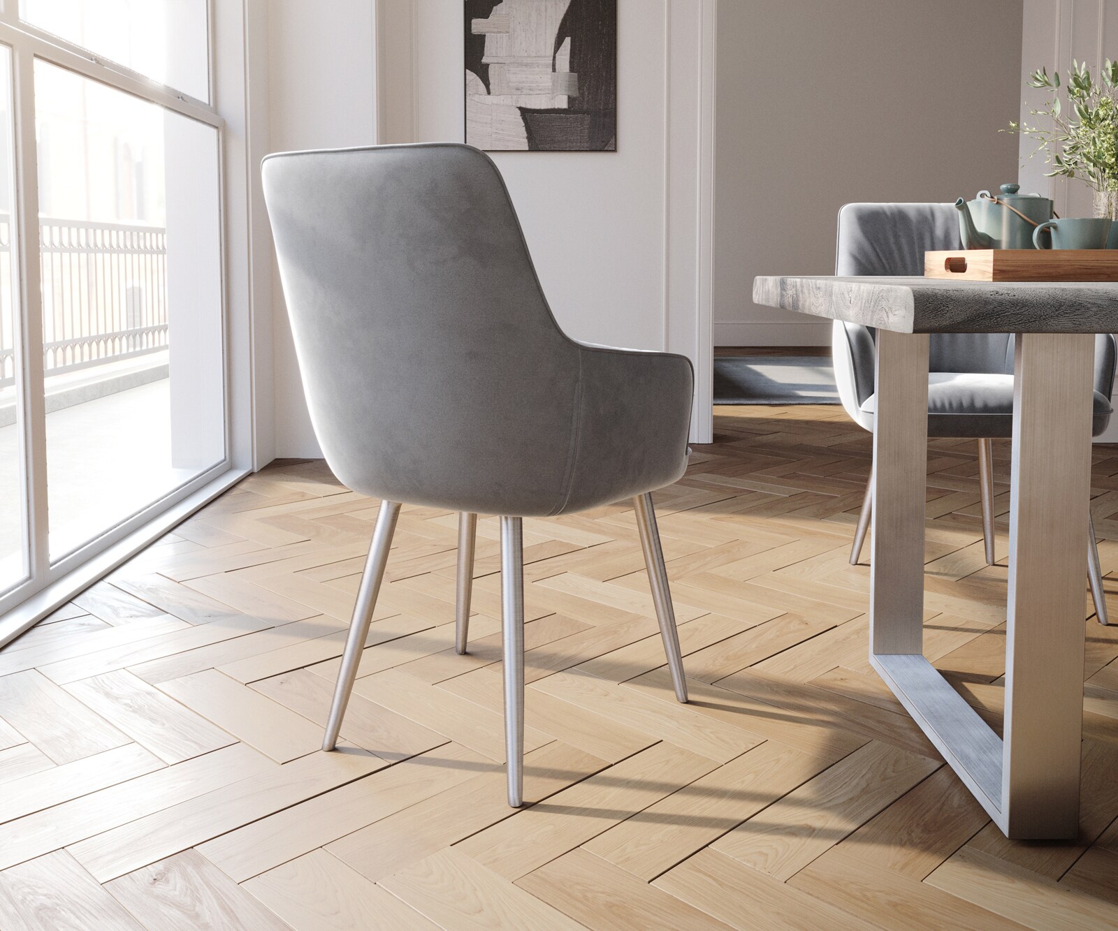 Chaise-de-salle-à-manger Zelia-Flex avec accoudoirs velours gris 4 pieds coniques acier inoxydable brossé ressorts ensachés 4