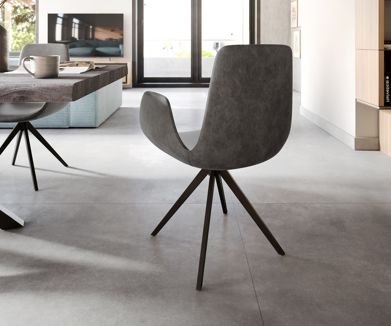 Chaise-de-salle-à-manger Ilia-Flex avec accoudoirs microvelours anthracite vintage pied croisé angulaire noir 4 Chaise-de-salle-à-manger Ilia-Flex avec accoudoirs microvelours anthracite vintage pied croisé angulaire noir 4
