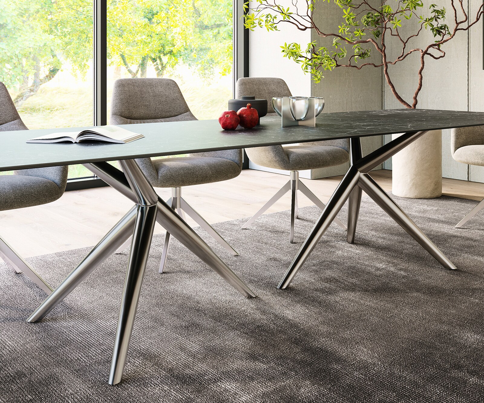 Table à manger Edge 300x100 Céramique Laminam®Nero Greco Anthracite Estelar rond Acier inoxydable 6