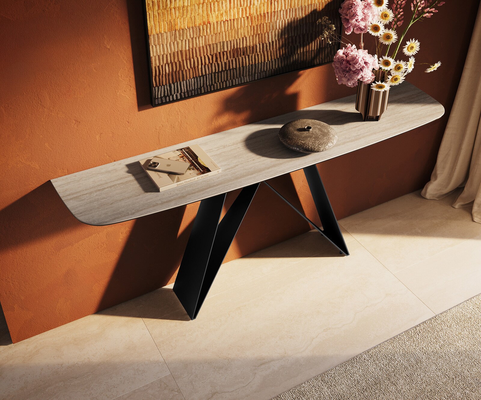 Console Edge forme bateau 180x40 cm Céramique Laminam® Travertino Bianco Creme-Weiß Velio Métal Noir 3