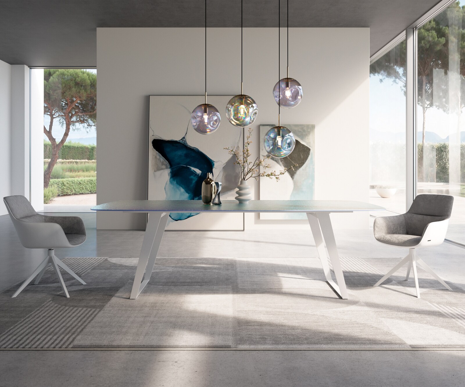 Table à manger Edge Boot 240x120 cm Reliefglas Nacre 3D-Design Métal Oblique Blanc 2