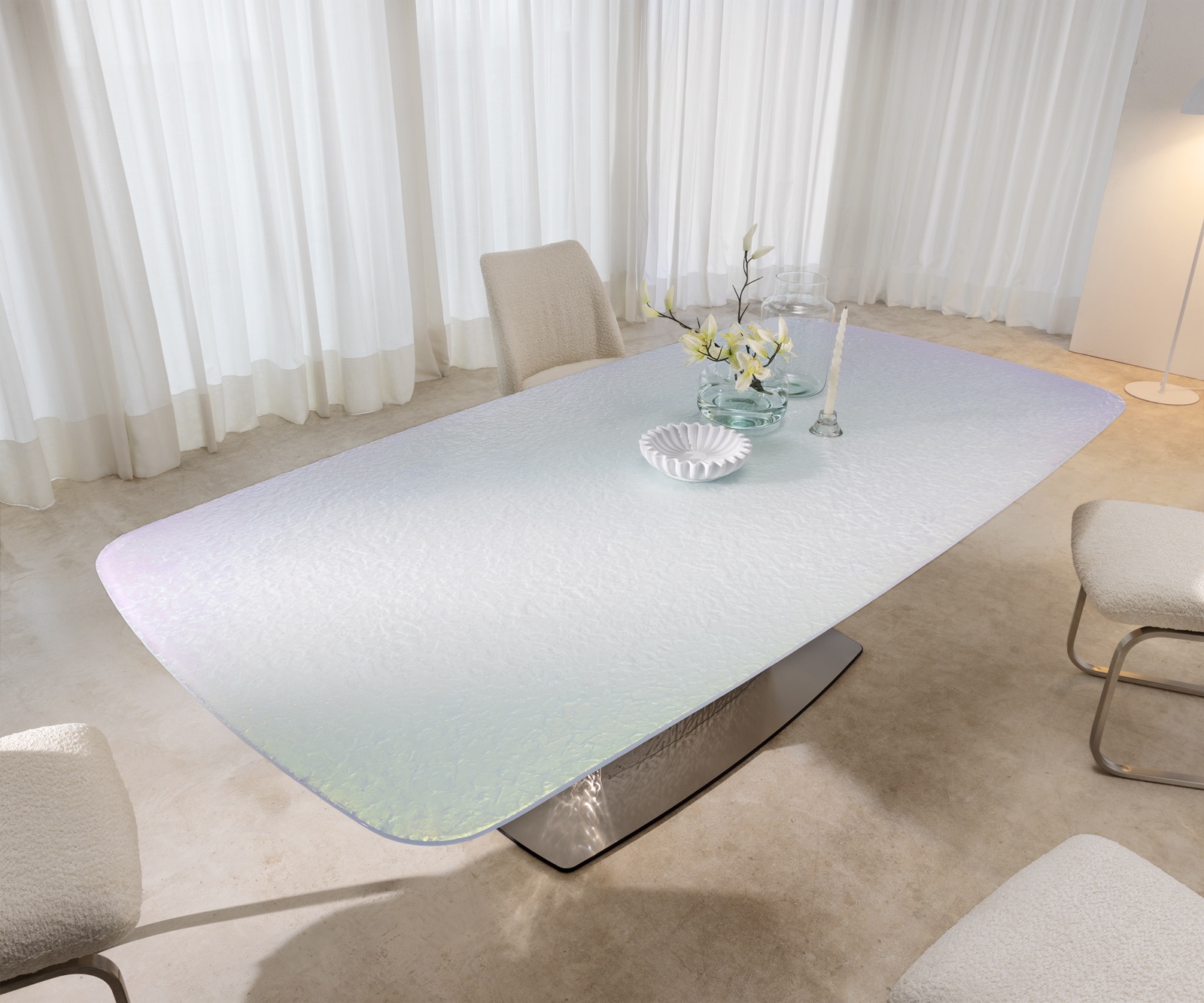 Table à manger Edge Boot 240x120 verre en relief Perlmutt 3D-Design Wave acier inoxydable 5