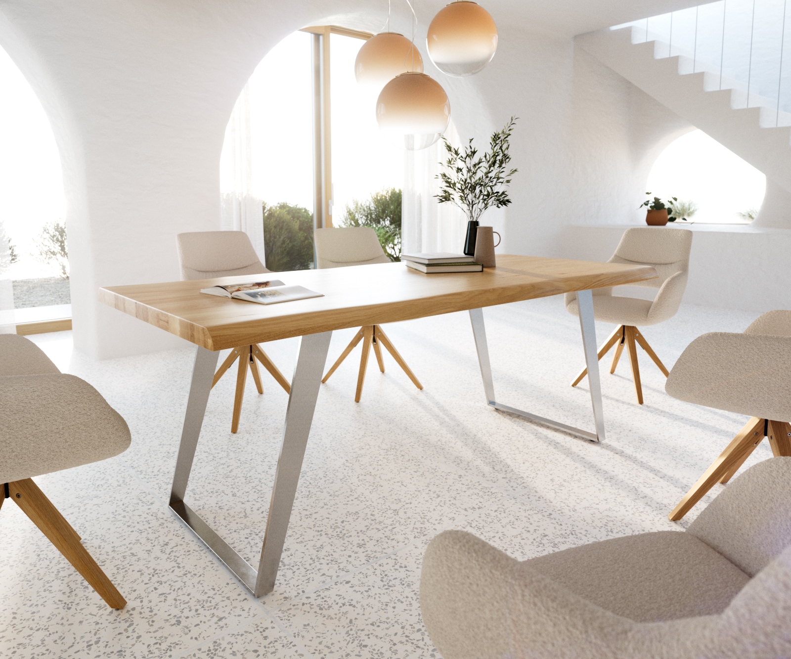 Table à manger Edge 200x100 chêne nature acier inoxydable inclinée Live-Edge Table à manger Edge 200x100 chêne nature acier inoxydable inclinée Live-Edge