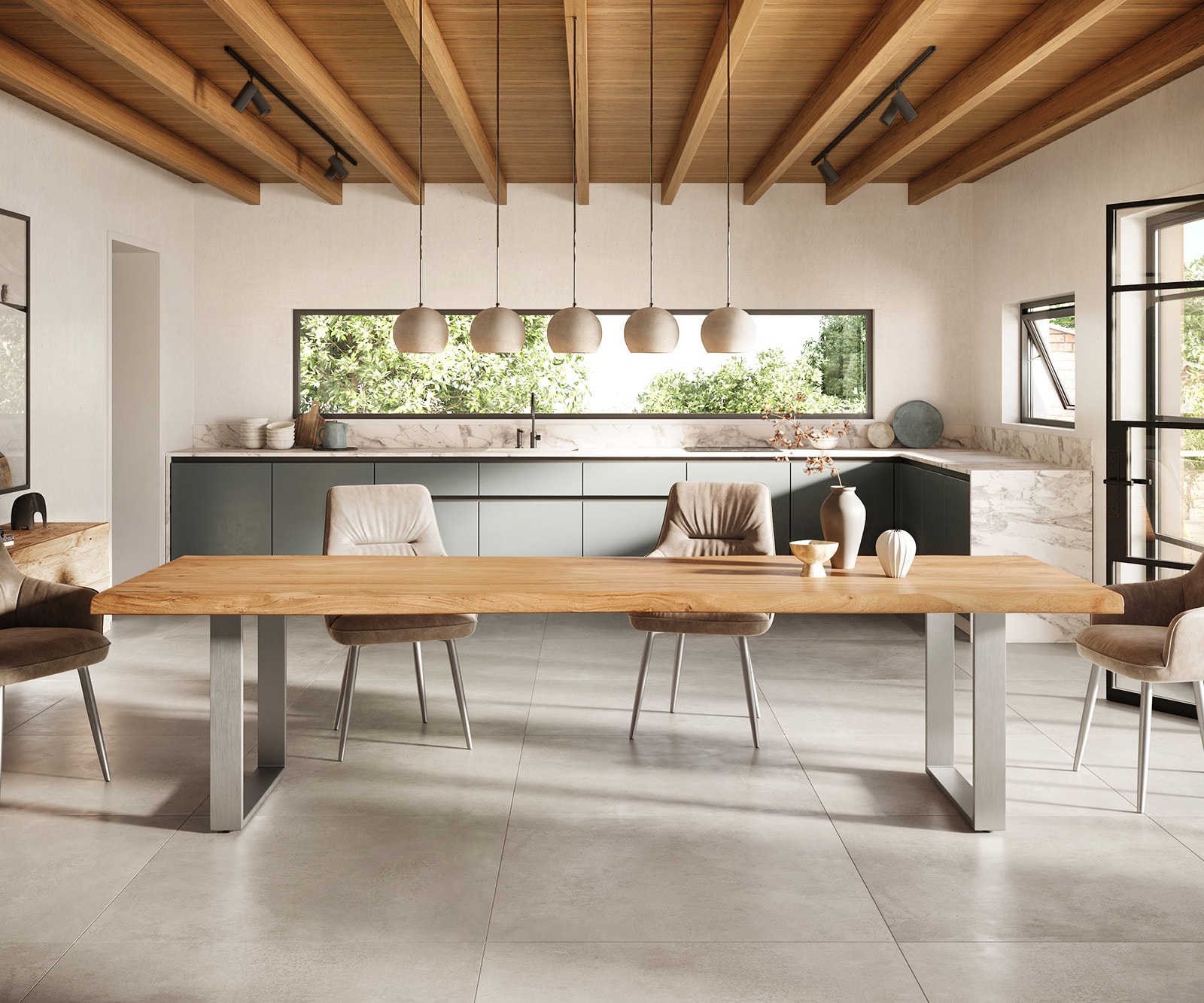 Table-à-manger Edge 300x100 XL acacia nature acier inoxydable mince Live-Edge 2