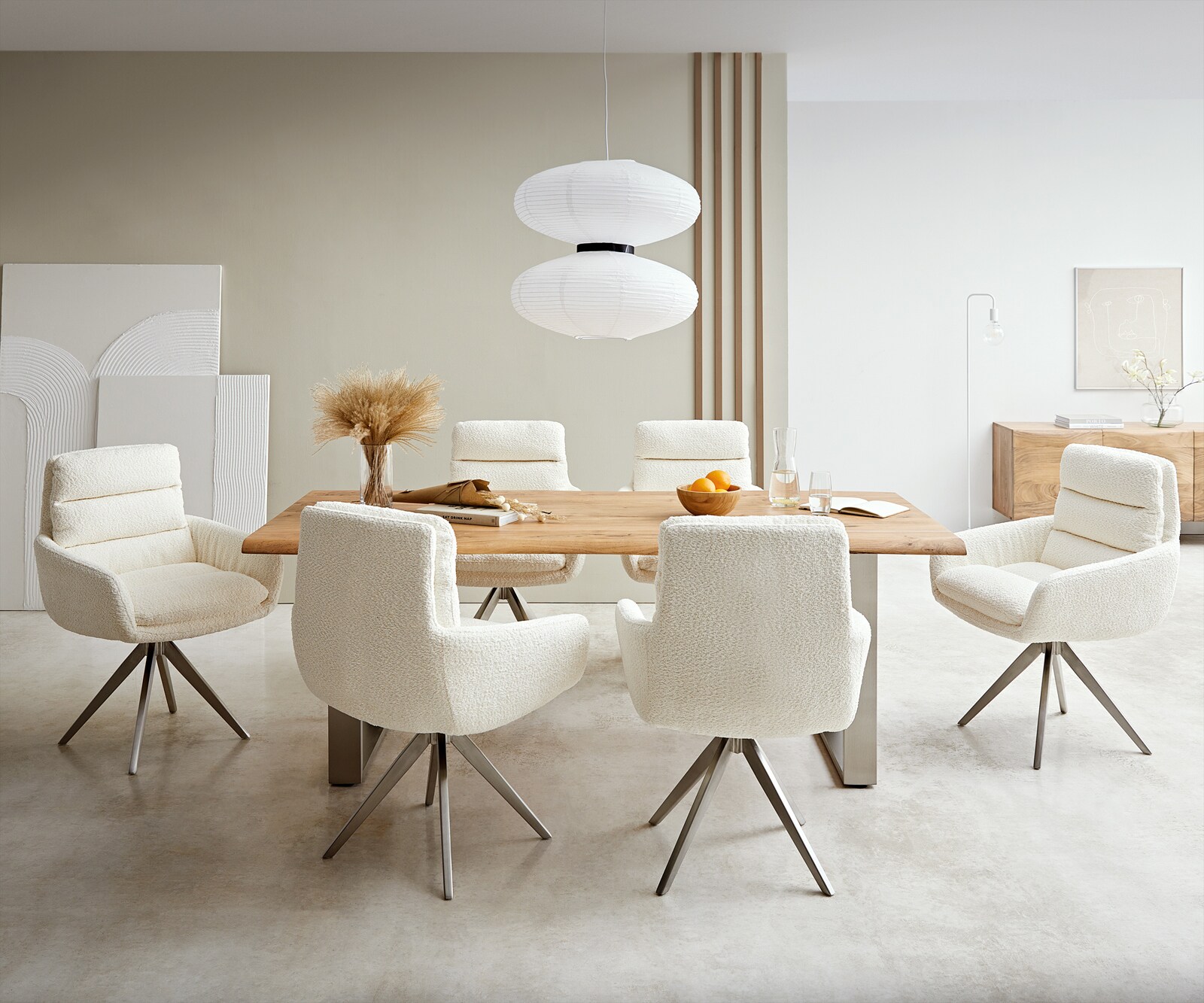 Chaise-de-salle-à-manger Abelia-Flex avec accoudoirs bouclé blanc pied croisé angulaire acier inoxydable brossé 3 Chaise-de-salle-à-manger Abelia-Flex avec accoudoirs bouclé blanc pied croisé angulaire acier inoxydable brossé 3