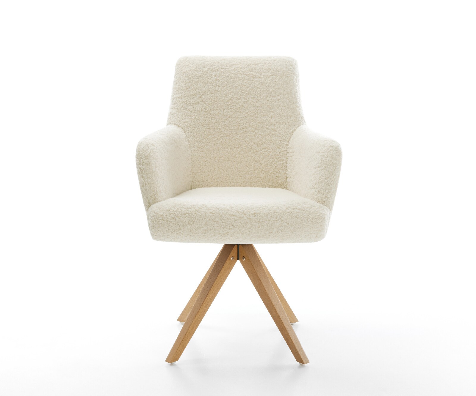 Chaise-pivotante Heira-Flex avec accoudoirs tissu teddy beige pied en bois angulaire naturel pivotement sur 180° resorts ensachés 1