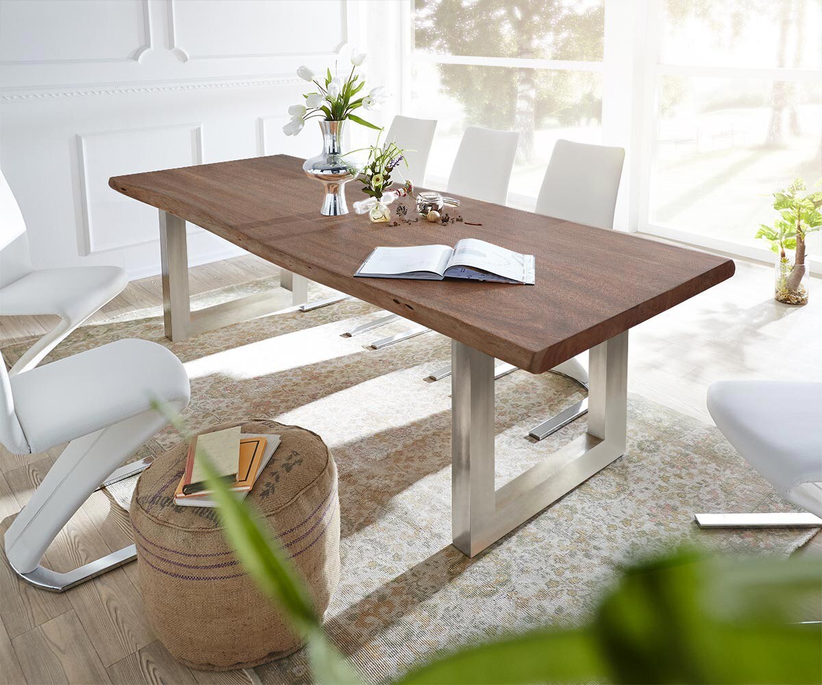 Table-à-manger Edge 300x100 XL acacia marron acier inoxydable large Live-Edge 1