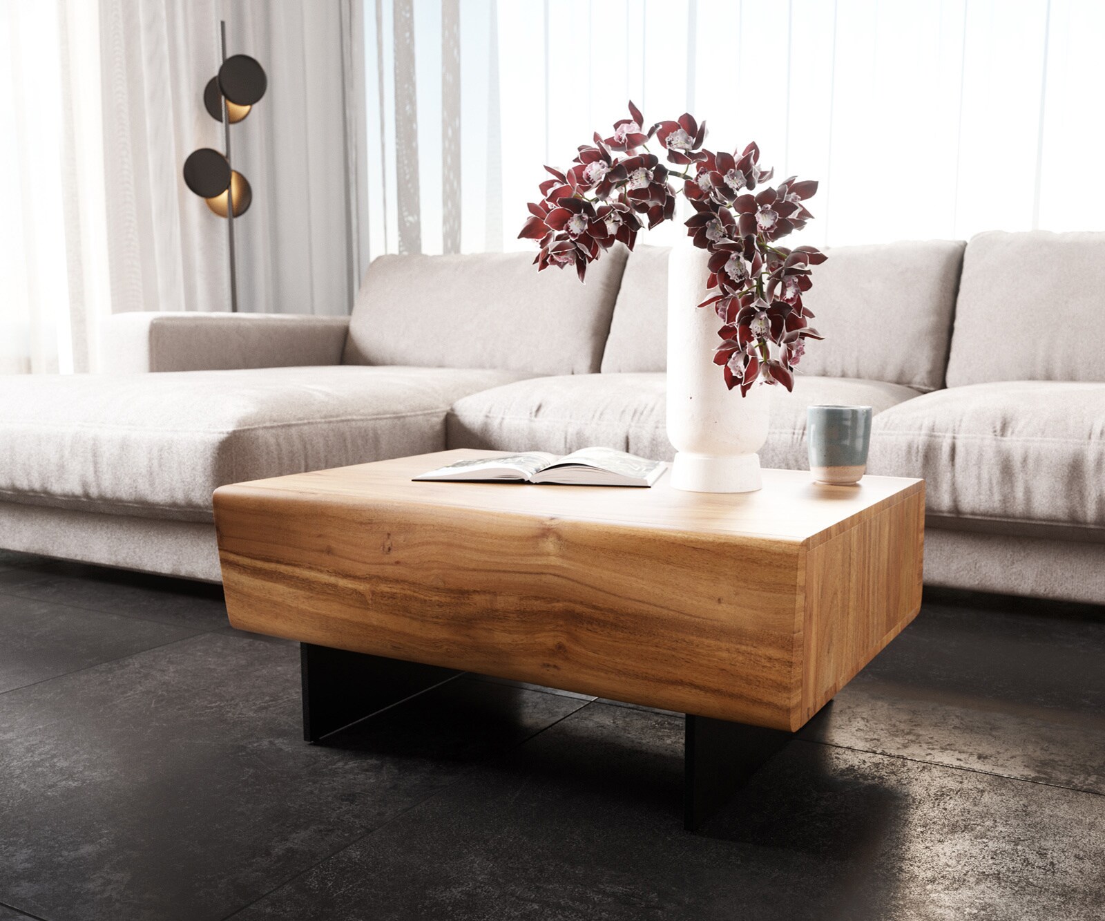 Table-basse New Live-Edge 80x60 cm acacia naturel 2 tiroirs pied flottant métal noir 3