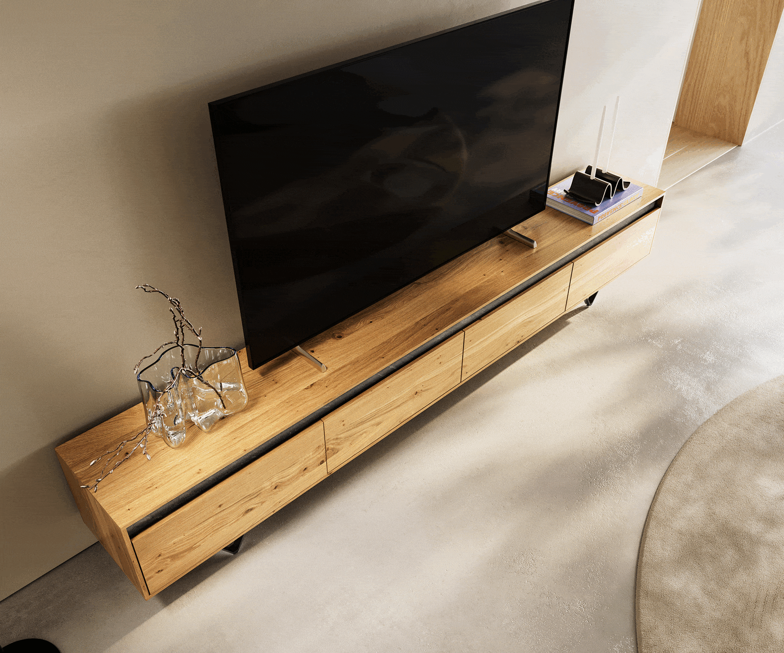 Meuble TV Stonegrace 240 cm chêne naturel 4 portes pied en V métal noir 3