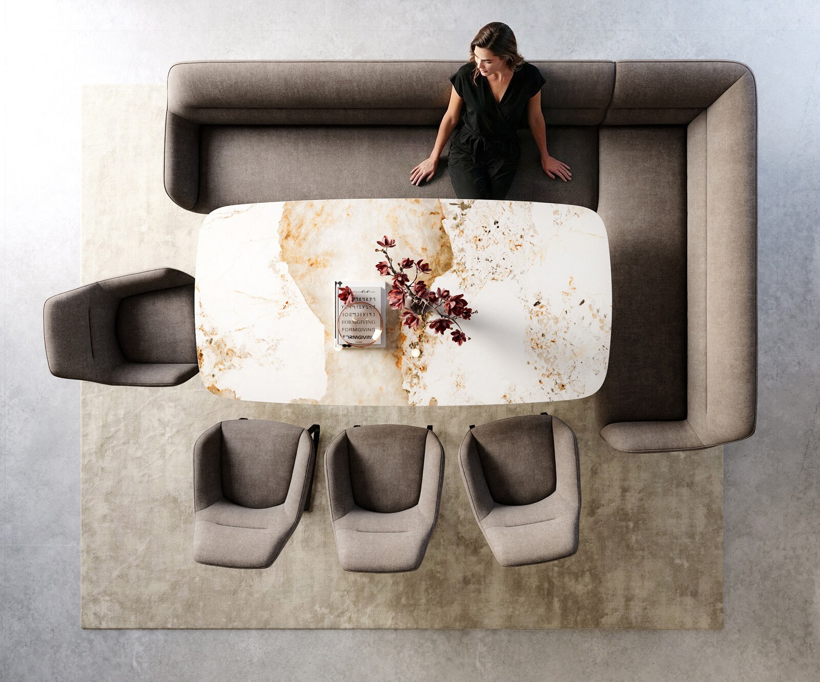 Banc-de-salle-à-manger Taya-Flex 285x190 cm tissu structuré doux taupe châssis à patins plat noir ressort ensaché liens 6