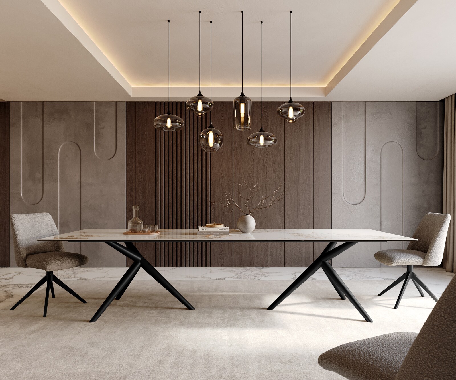 Table à manger Edge 300x100 Céramique Minas Melange Blanc-Beige Estelar rond Métal Noir 2