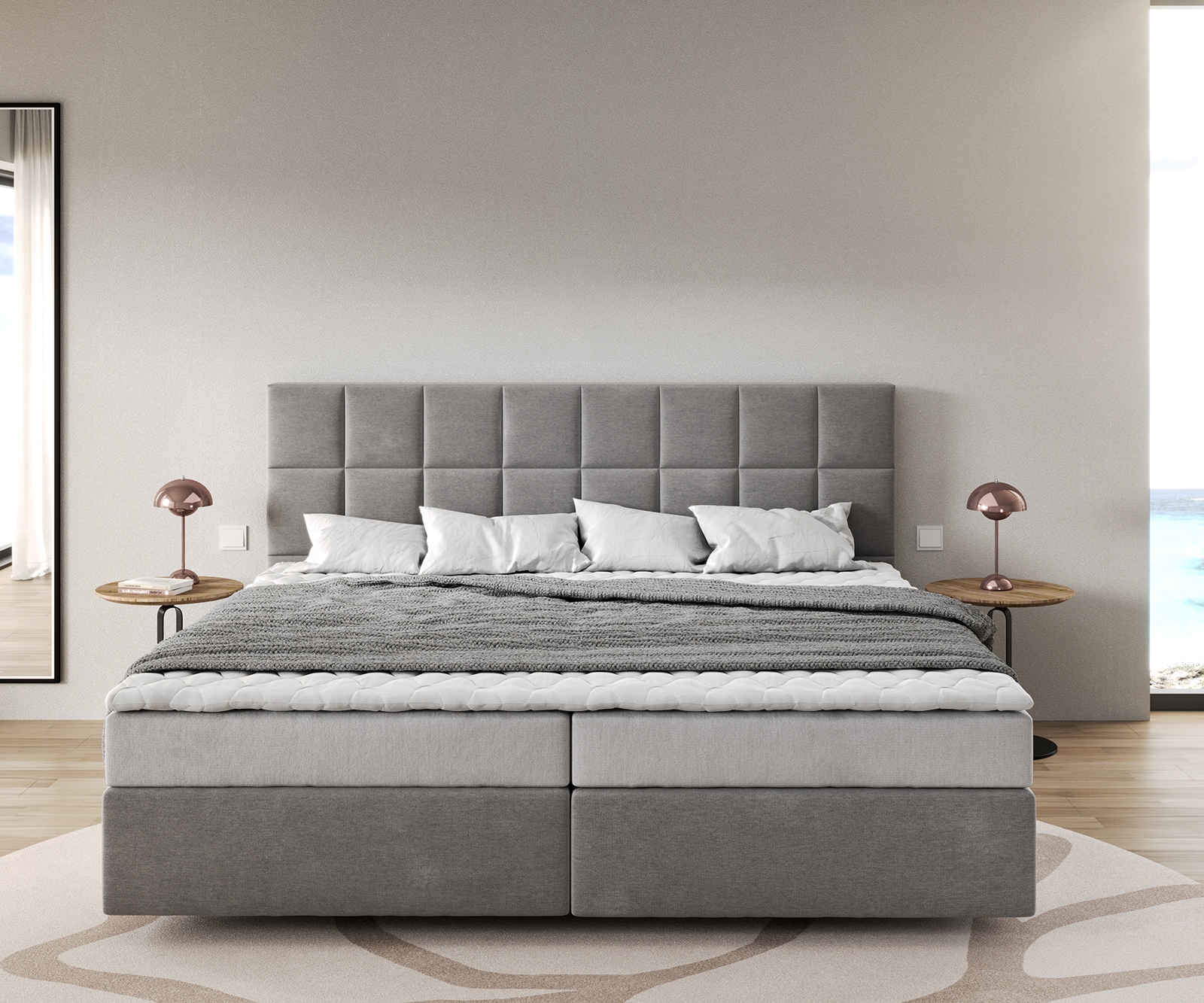 Lit-à-sommier-tapissier Dream-Fine Microfibre Gris 200x200 cm Matelas Bonell Surmatelas PU 2
