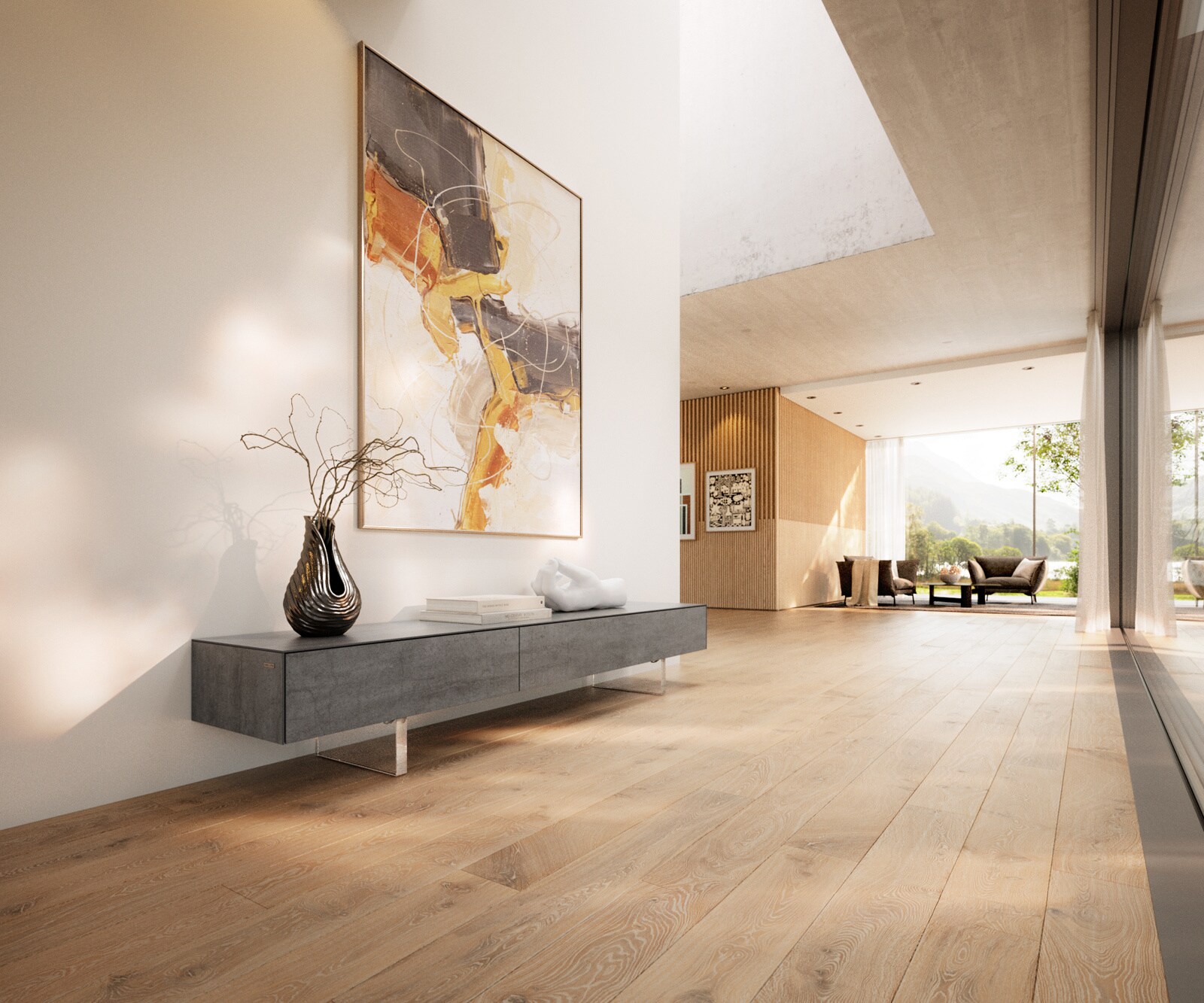 Meuble-TV Cuor 200 cm Céramique Béton gris 1 Clapet 1 Tiroir Pied optique flottant Verre acrylique 1