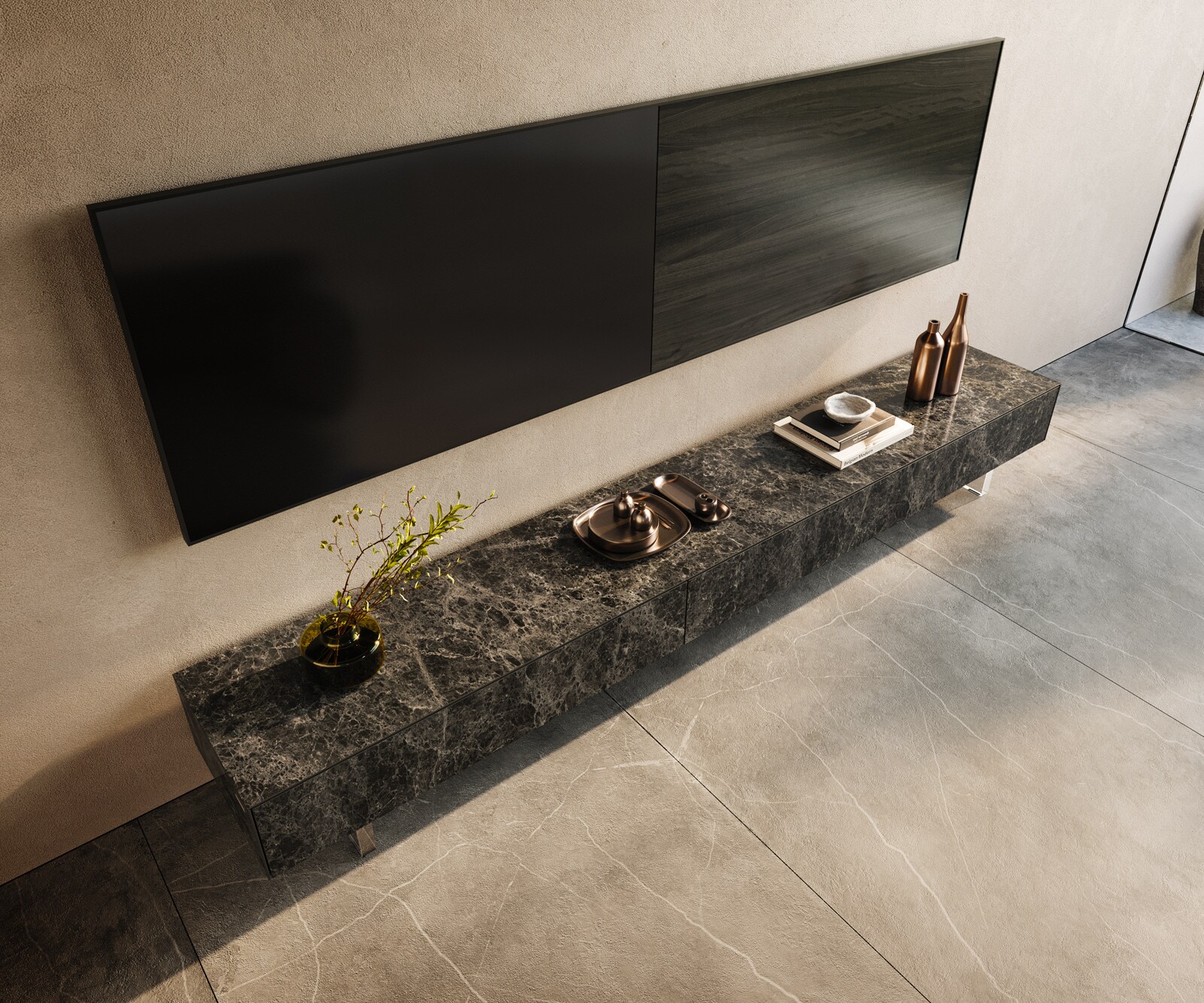 Meuble-TV Cuor 250 cm Céramique Laminam® Emperador Extra Lucidato brun foncé 1 Clapet 1 Tiroir Pied optique flottant Verre acrylique 4