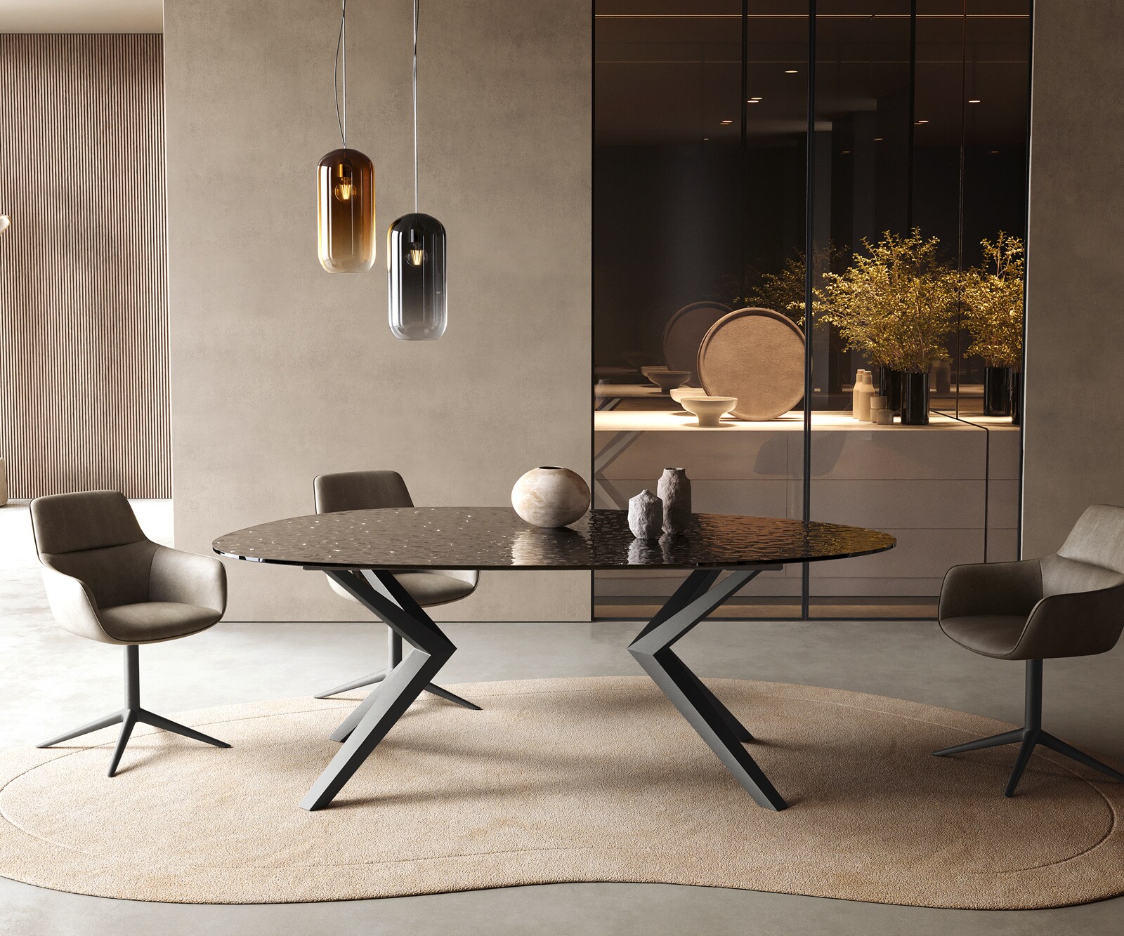 Table à manger Edge Ovale 220x120 Reliefglas RauchNoir 3D-Design Zenthara anguleux Métal Noir 2