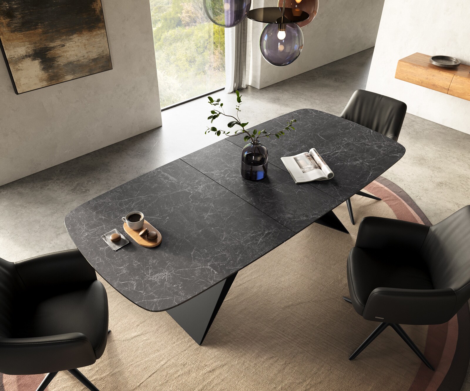 Table à manger Edge Boot 180-220x100 cm Céramique Laminam® Nero Greco Anthracite piètement en V Flachstahl Noir extensible 4