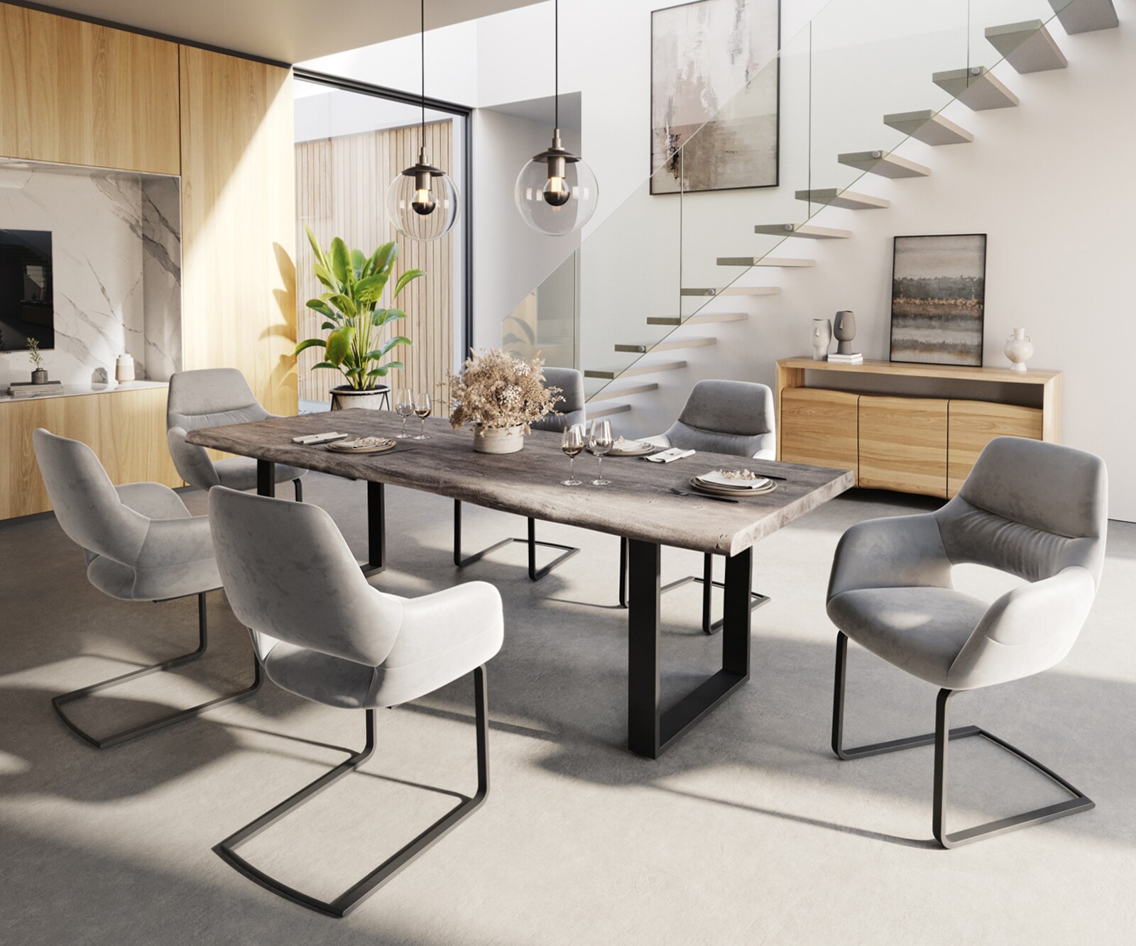 Table à manger Edge 260x100 XL acacia platine patin noir Live-Edge 6