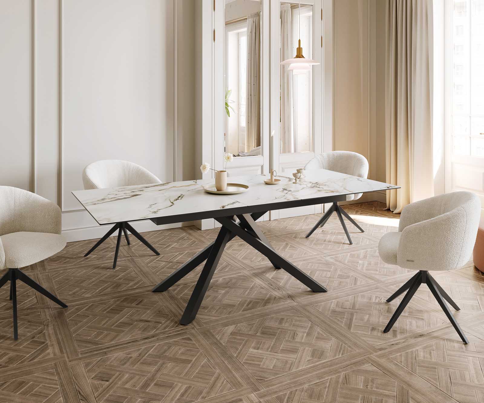 Table à manger Edge 180-220x100 céramique Calacatta Luxe blanc-doré-gris cadre croisé rectangulaire noir extensible 8