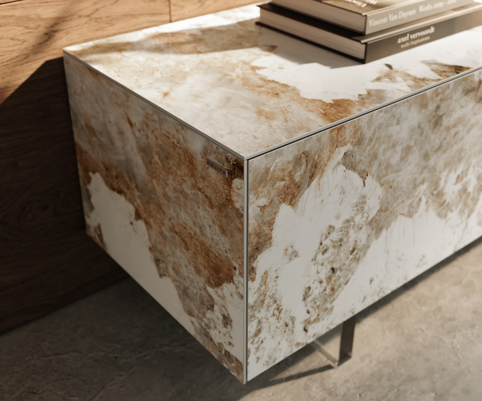 Meuble-TV Cuor 220 cm Céramique Minas Melange Blanc-beige 1 Clapet 2 Tiroirs Pied optique flottant Verre acrylique 5