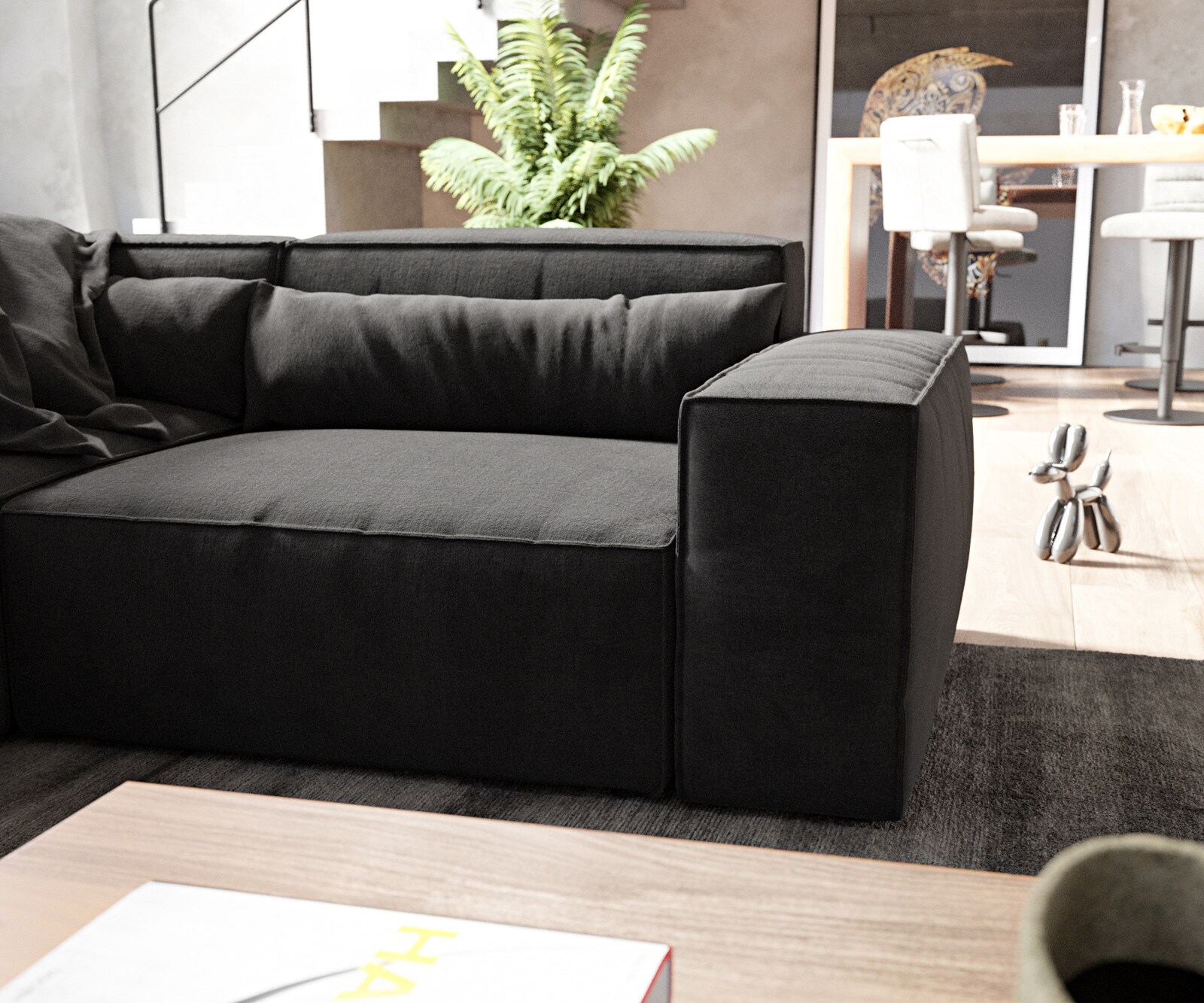 Canapé panoramique Sirpio 300x210 cm Microfibre Noir Recamiere variable avec Tabouret 5
