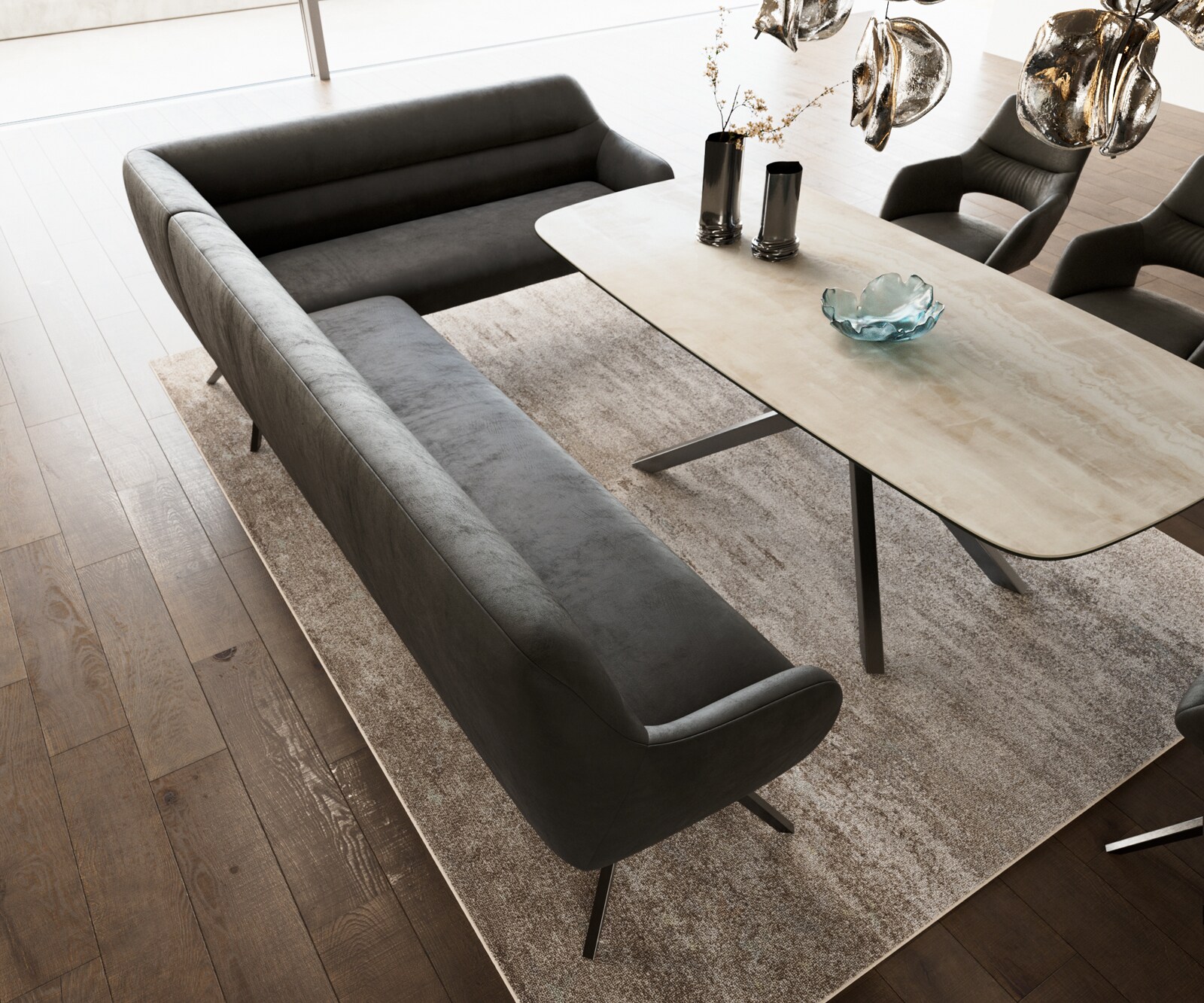 Banc-de-salle-à-manger Taya-Flex 285x190 cm microfibre antracite vintage pied croisé angulaire grafiete ressort ensaché liens 4