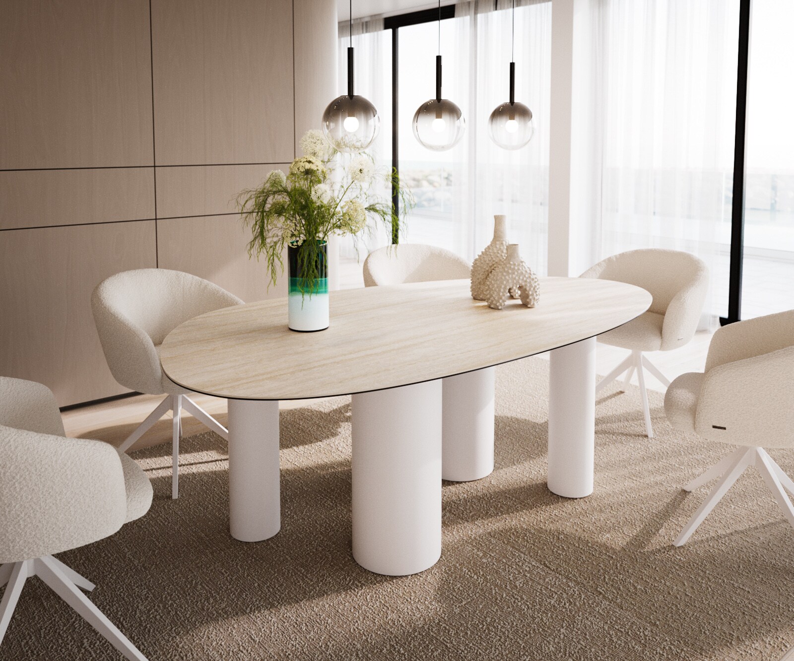 Table à manger Edge Ovale 220x120 Céramique Laminam®Travertino Bianco Crème-Blanc ​Pilier Métal Blanc 1