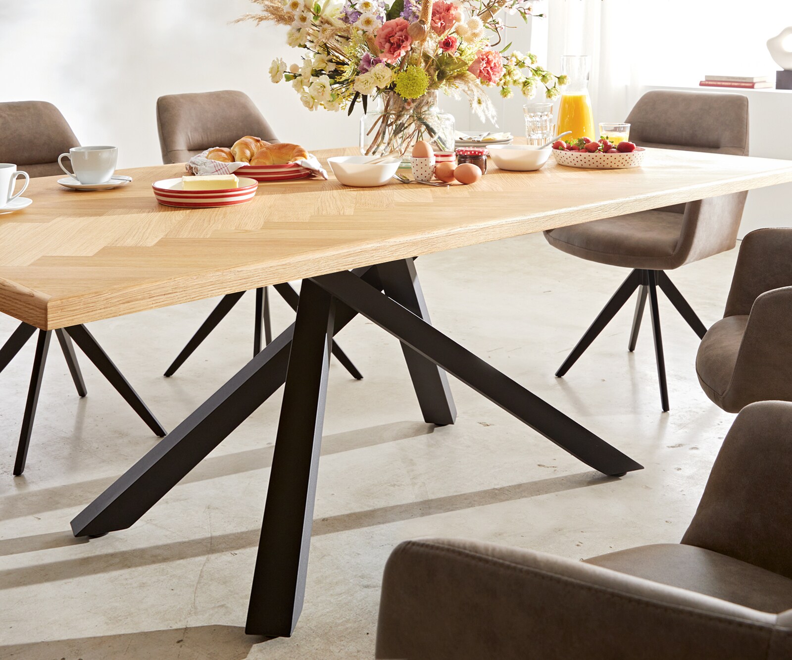 Table à manger Edge-pure 200x100 chêne nature Fishbone cadre croisé rectangle noir 6