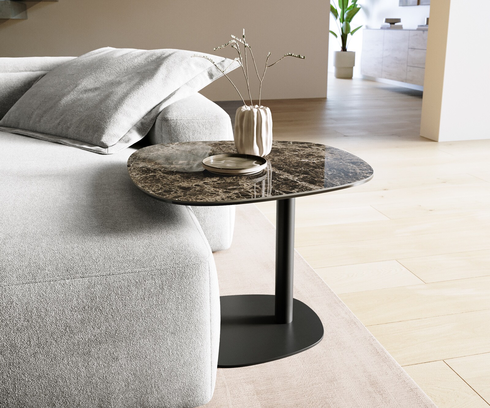 table d’appoint Edge bateau 60x60 cm céramique Emperador Extra Lucidato brun foncé Eleny métal noir 1