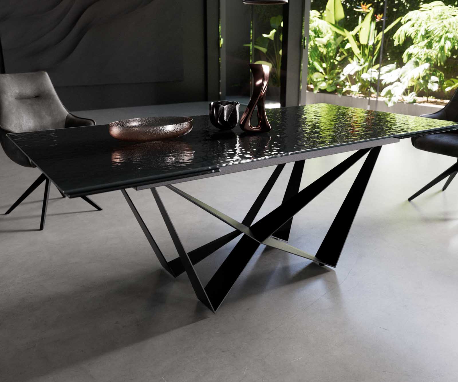 Table à manger Edge 200-300x100 verre fondu noir fumé relief en 3D Spider acier plat noir extensible 4