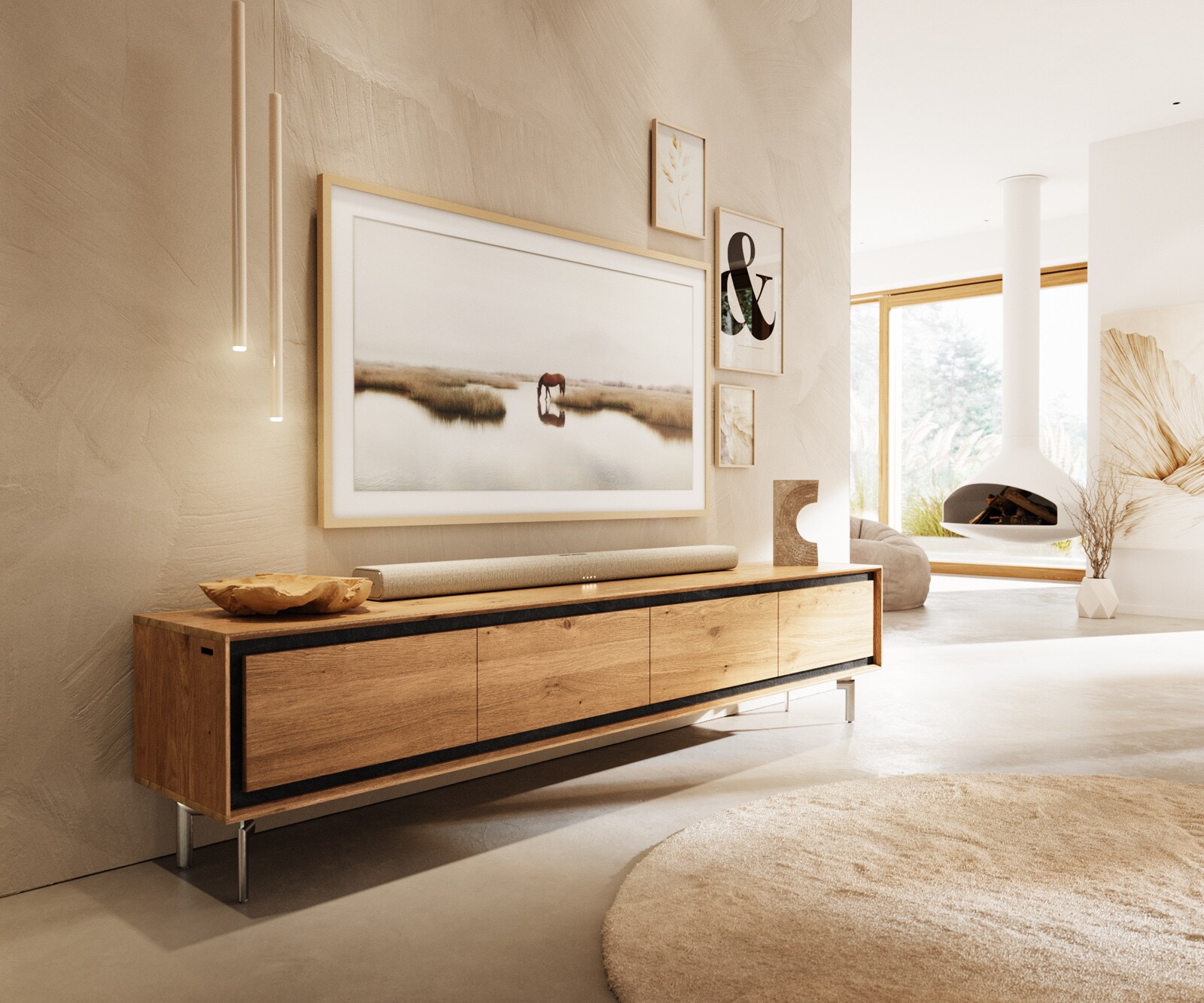 Meuble-TV Stonegrace 200 cm chêne naturel 4 portes pied ovale inoxydable brossé 1