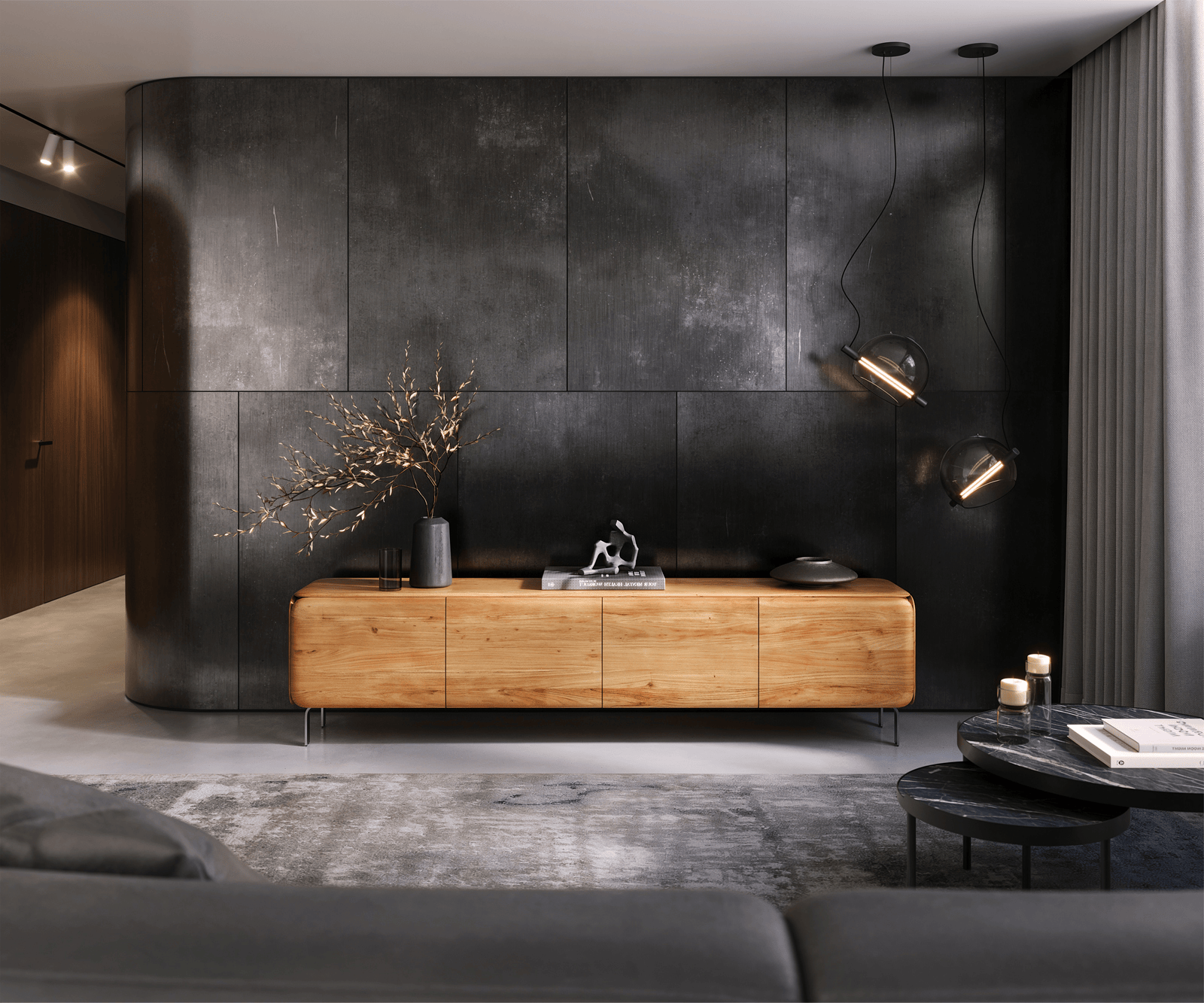 Meuble-TV  Shavani 220 cm Acacia naturel 4 portes Pieds en L Acier inoxydable argenté 1