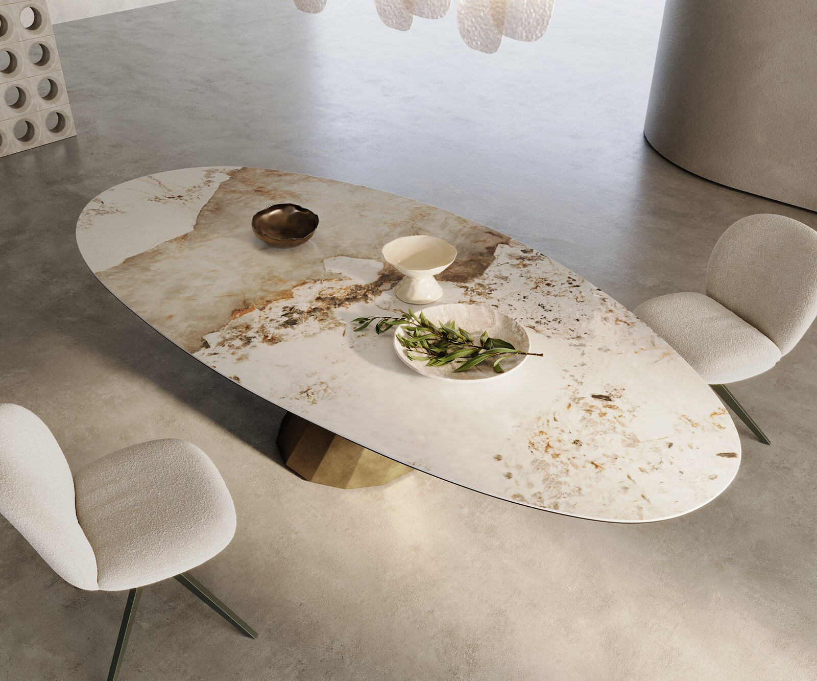 Table à manger Edge ovalee 280x130 céramique Minas mélange blanc-beige parabole métallique doré 2