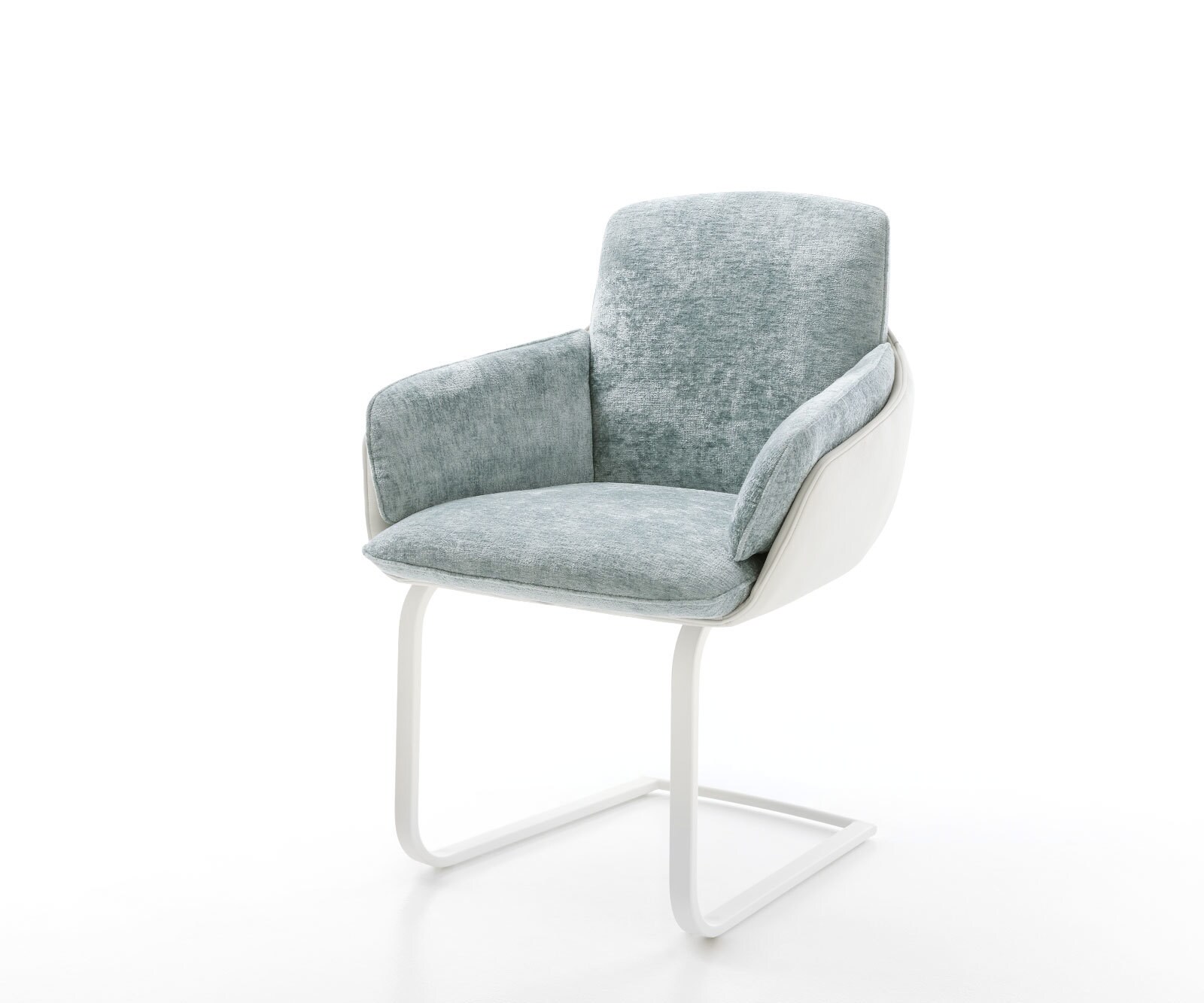 Cantilever Luan-Flex avec accoudoirs tissu mixte cuir de vache blanc-bleu pastel pied cantilever plat blanc Cantilever Luan-Flex avec accoudoirs tissu mixte cuir de vache blanc-bleu pastel pied cantilever plat blanc
