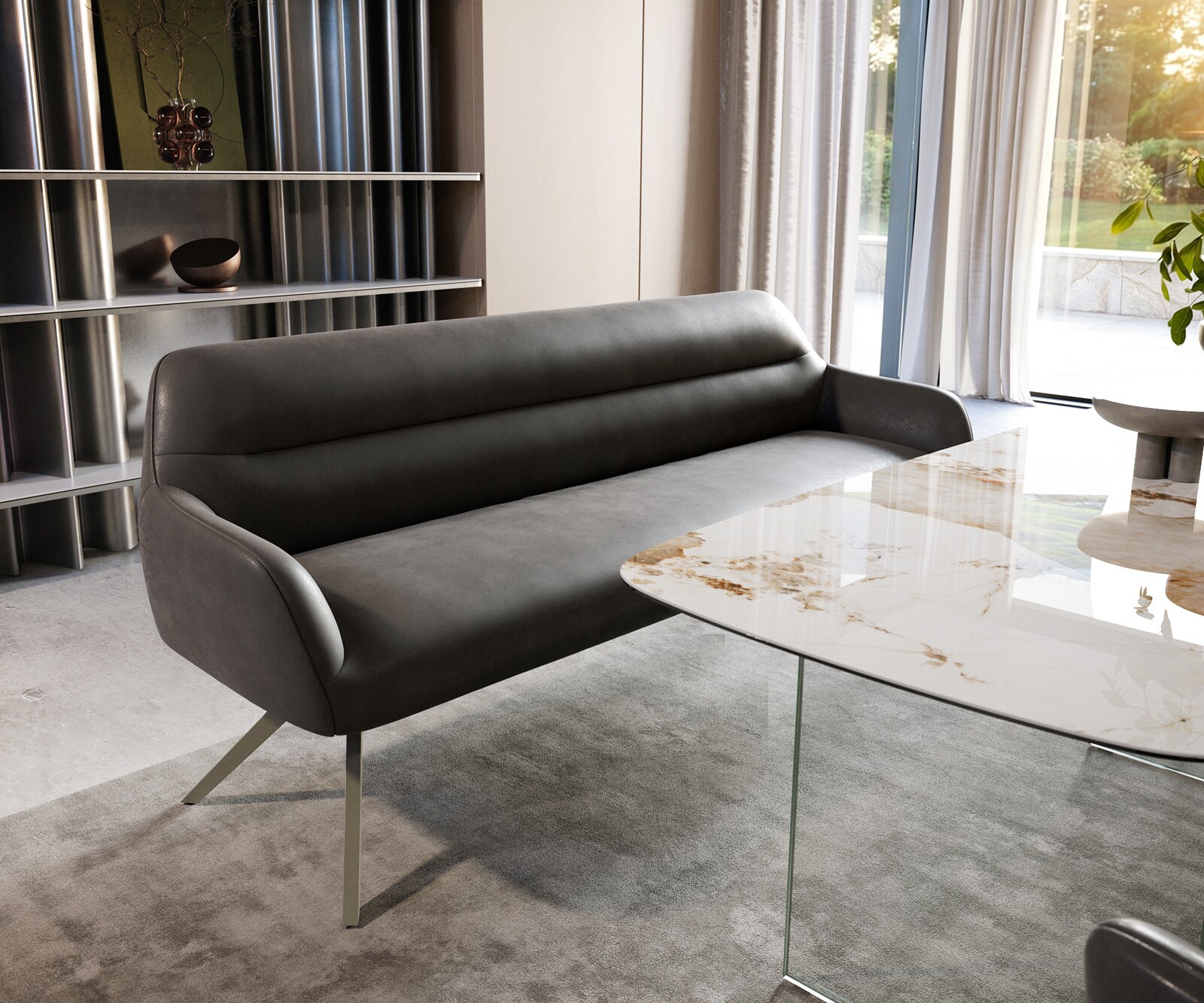 Banc-de-salle-à-manger Taya-Flex 200 cm microfibre antracite vintage pied croisé angulaire titane ressort ensaché