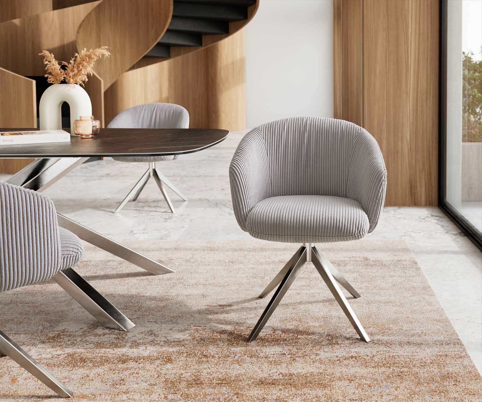 Chaise-pivotante Caja-Flex avec accoudoirs côtelé gris argenté pied croisé large acier inoxydable brossé pivotement sur 360° ressorts ensachés 1 Chaise-pivotante Caja-Flex avec accoudoirs côtelé gris argenté pied croisé large acier inoxydable brossé pivotement sur 360° ressorts ensachés 1