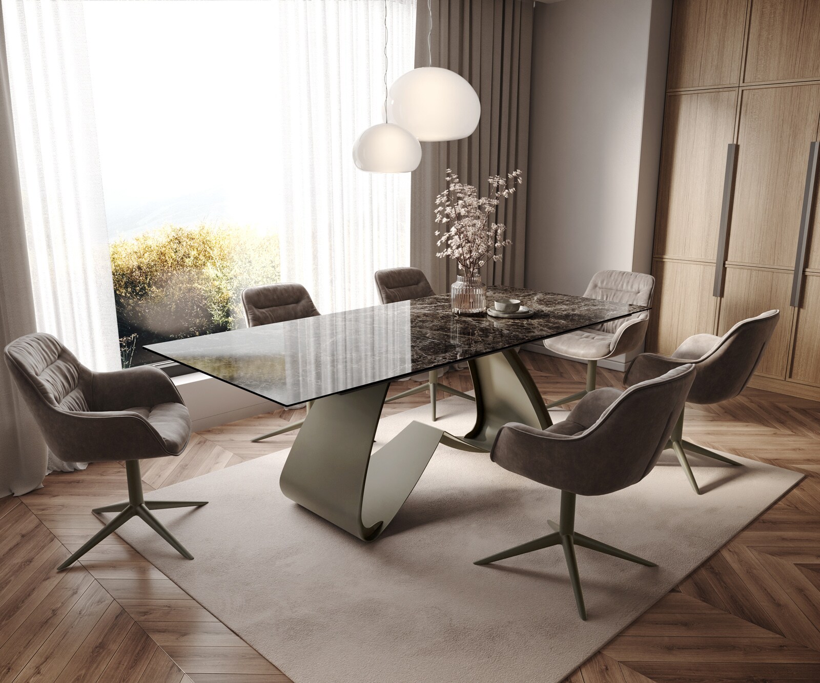Table de salle à manger Edge Céramique Emperador Extra Lucidato Brun foncé 180-220x100 Piètement en W finition effet Titane extensible 7