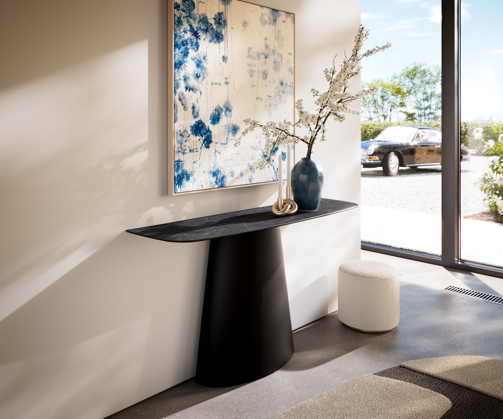 Console Edge forme bateau 140x40 cm Céramique Laminam® Nero Greco Anthrazit Conos Métal Noir 1