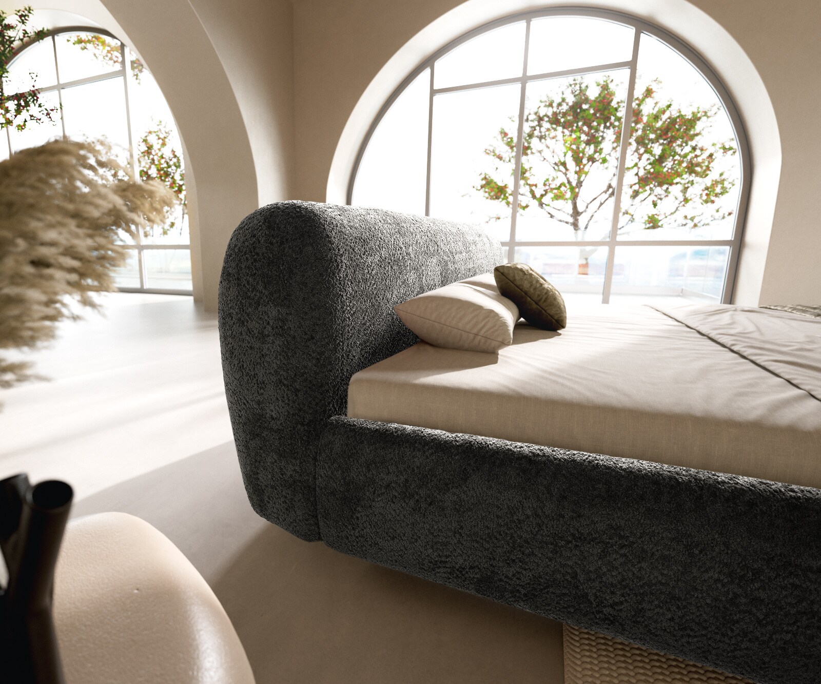 Cadre-de-lit rembourré Shona 180x200 cm tissu Teddy gris 4 Cadre-de-lit rembourré Shona 180x200 cm tissu Teddy gris 4